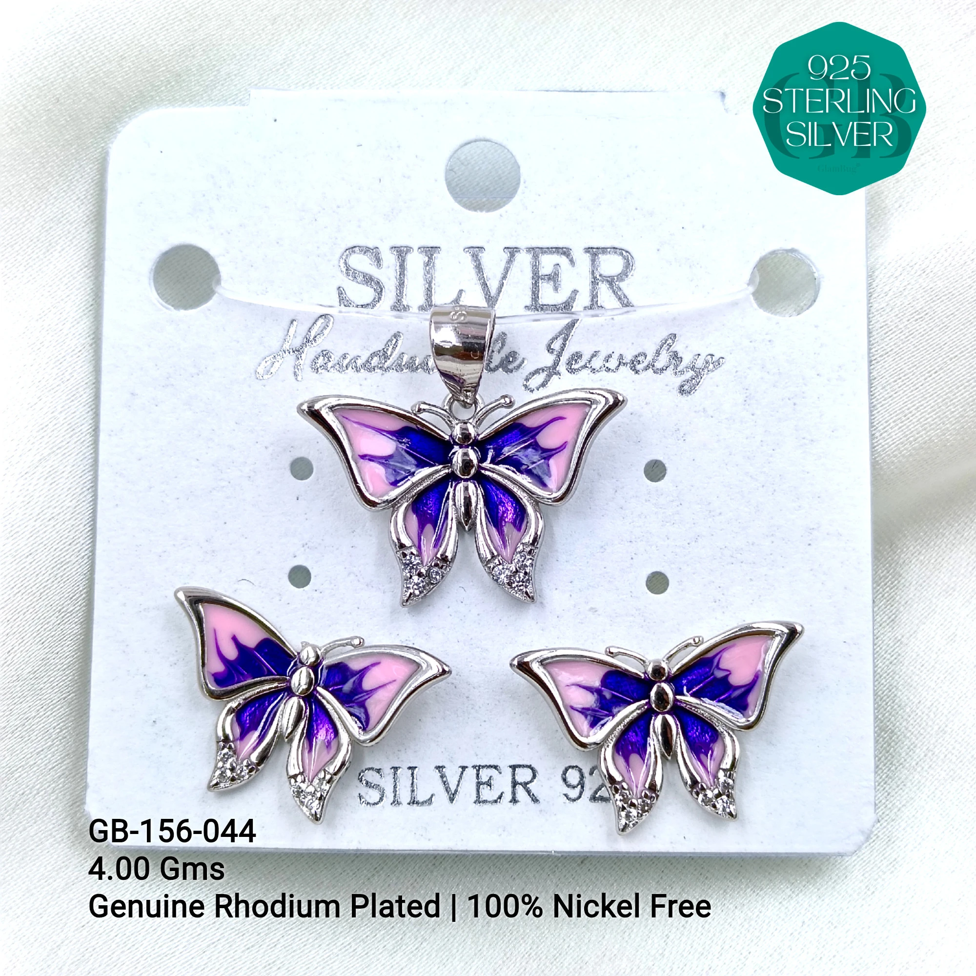 BUTTERFLY PENDANT SETS - Premium 925 Silver Jewellery - SKU: GB-156-044 - Hyderabad Silver Importers