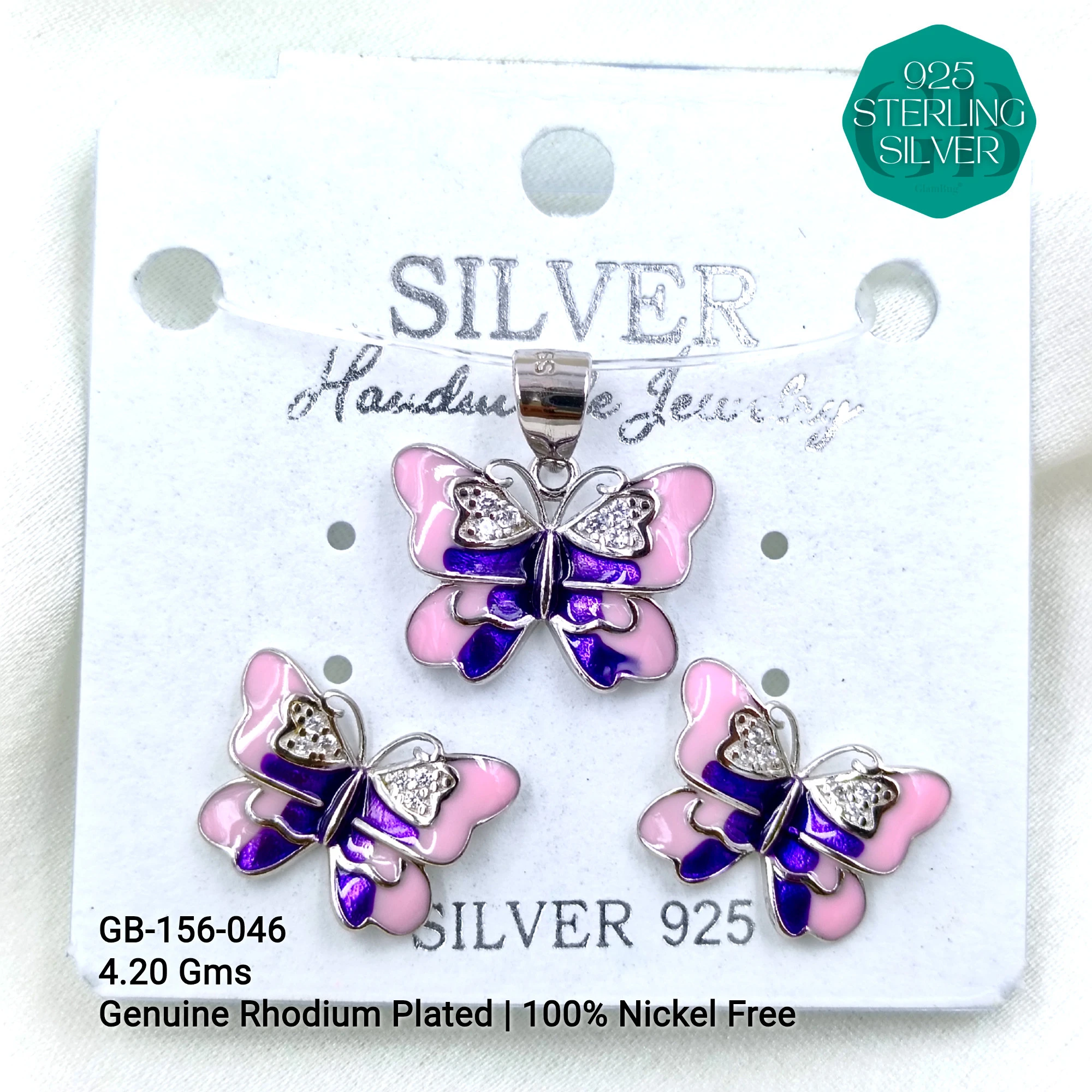 BUTTERFLY PENDANT SETS - Premium 925 Silver Jewellery - SKU: GB-156-046 - Hyderabad Silver Importers