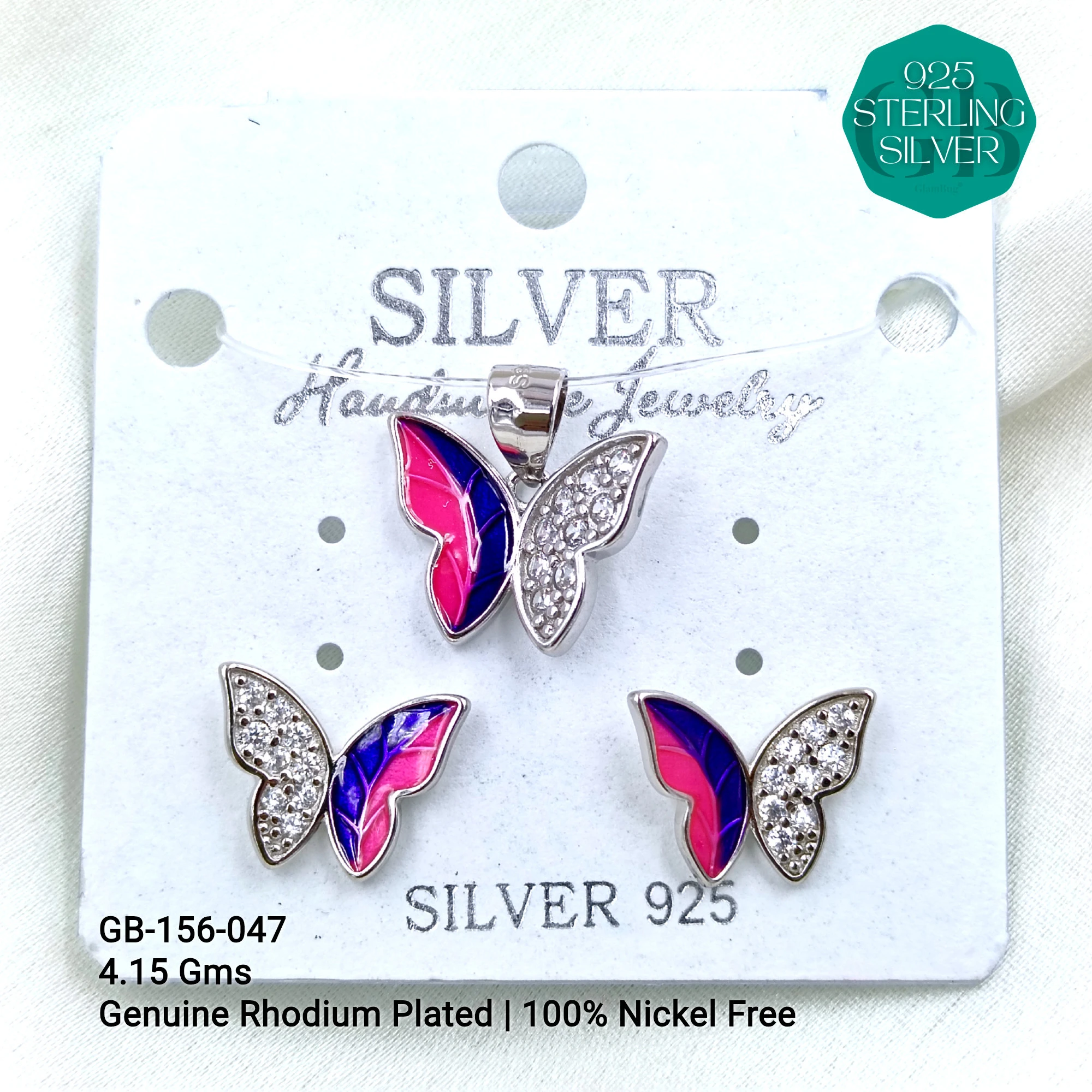 BUTTERFLY PENDANT SETS - Premium 925 Silver Jewellery - SKU: GB-156-047 - Hyderabad Silver Importers