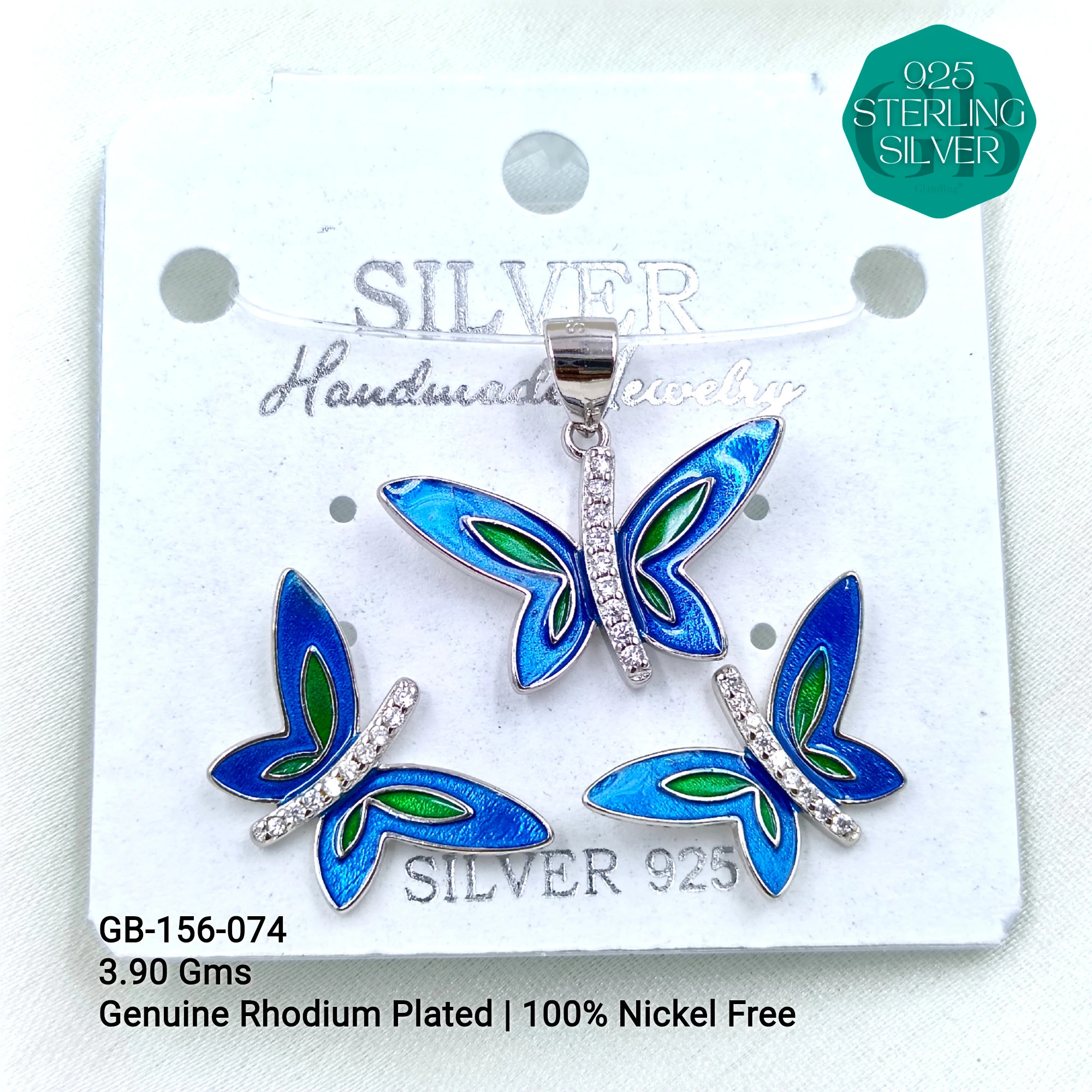BUTTERFLY PENDANT SETS - Premium 925 Silver Jewellery - SKU: GB-156-074 - Hyderabad Silver Importers