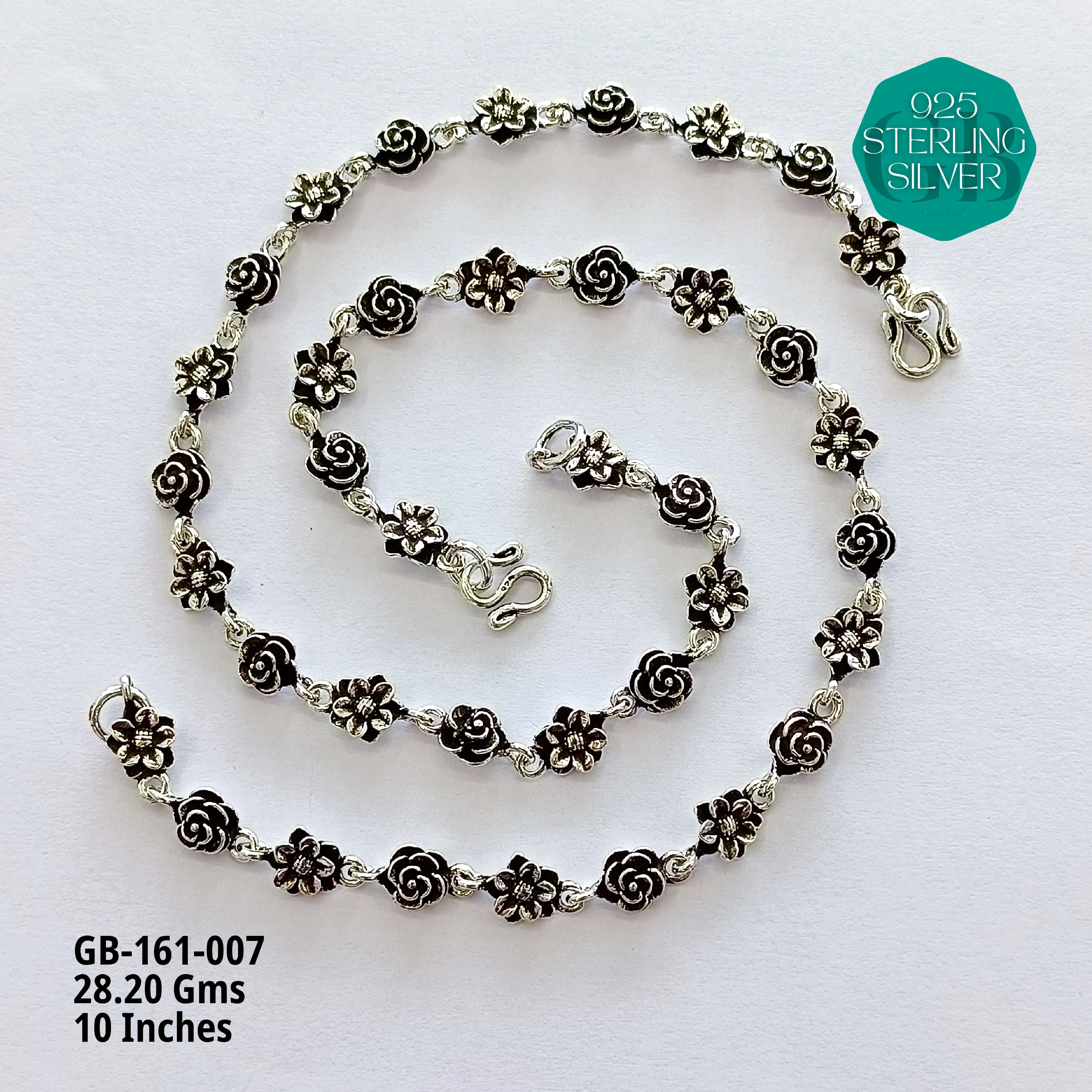 FLORAL OXIDIZED ANKLETS - Premium 925 Silver Jewellery - SKU: GB-161-007 - Hyderabad Silver Importers