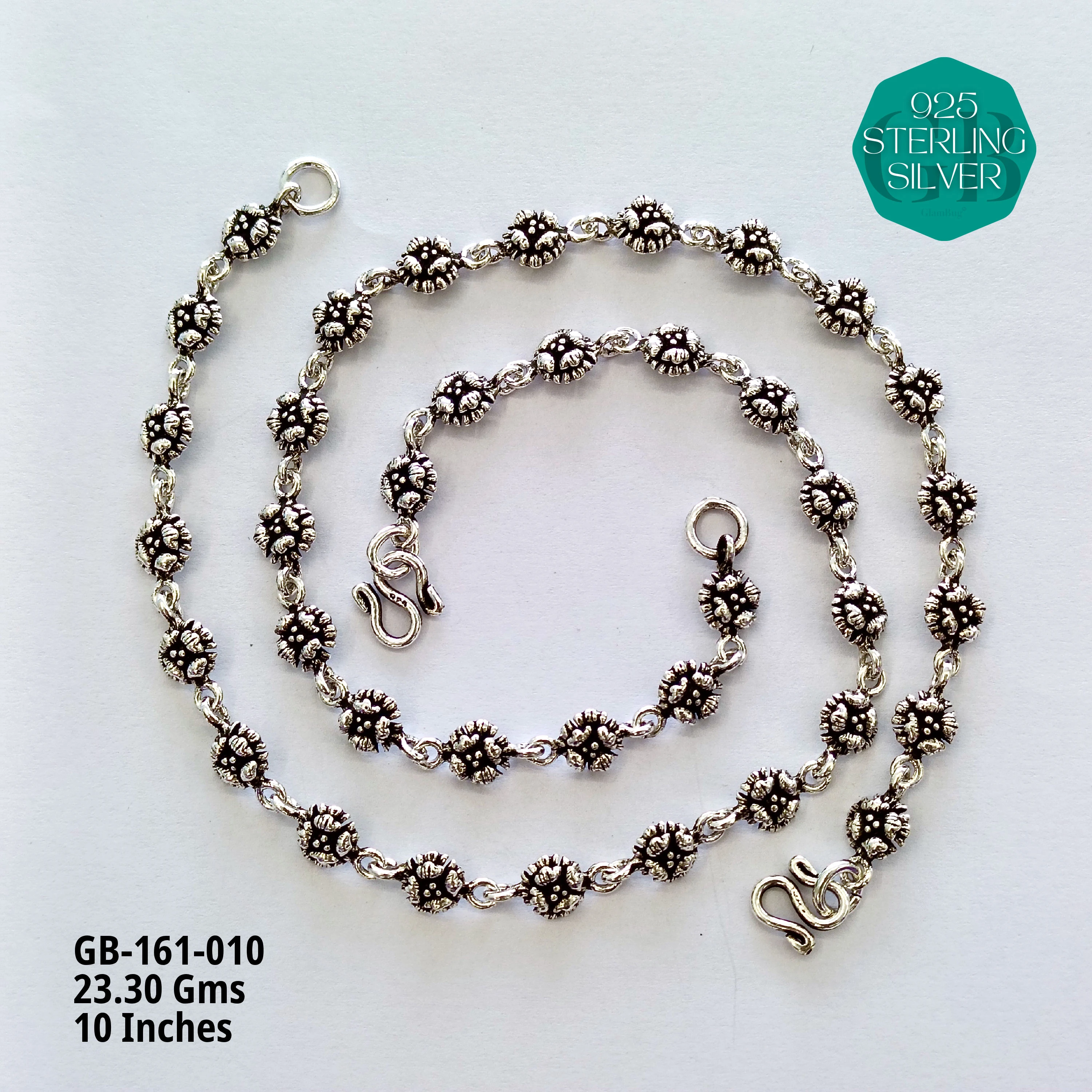 FLORAL OXIDIZED ANKLETS - Premium 925 Silver Jewellery - SKU: GB-161-010 - Hyderabad Silver Importers