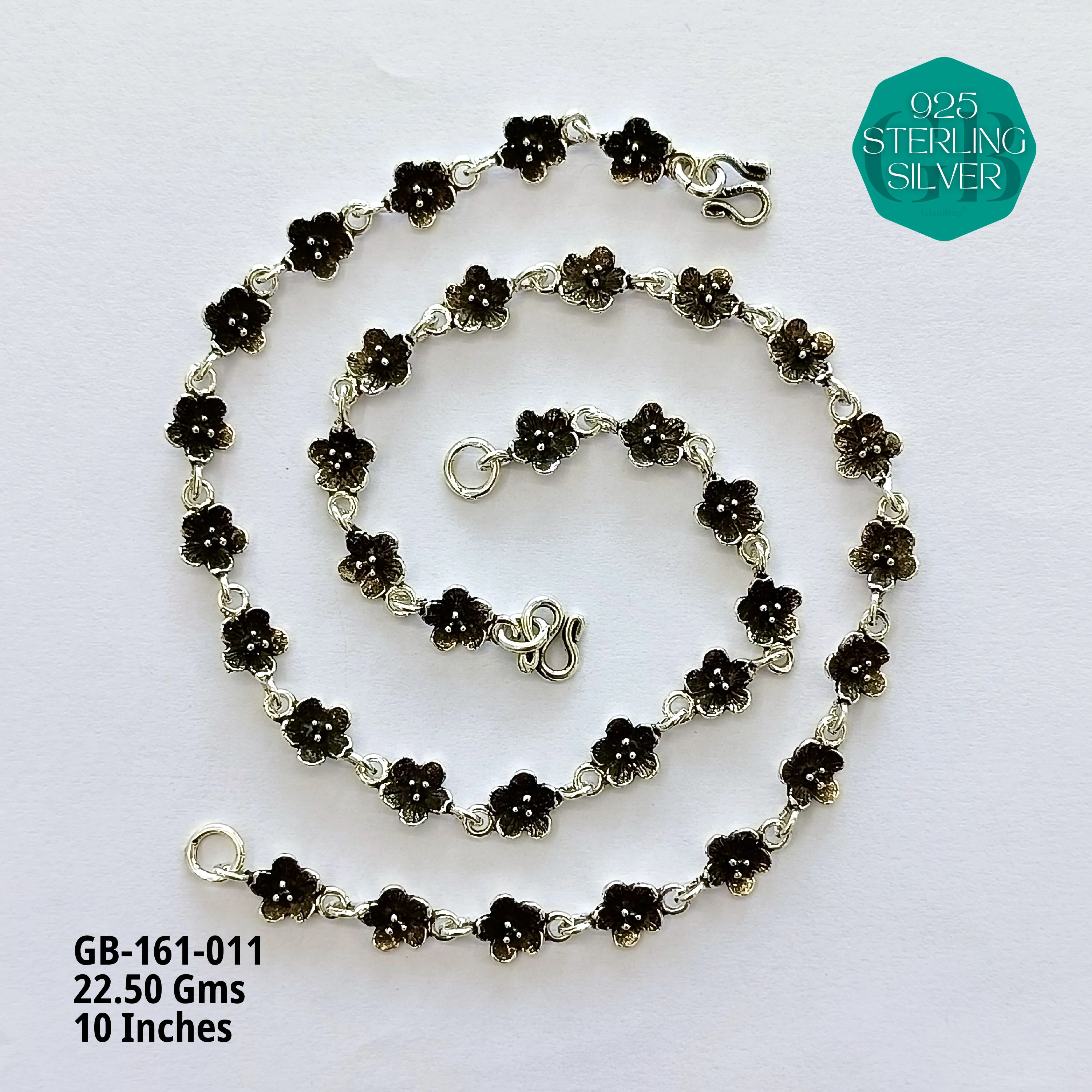 FLORAL OXIDIZED ANKLETS - Premium 925 Silver Jewellery - SKU: GB-161-011 - Hyderabad Silver Importers