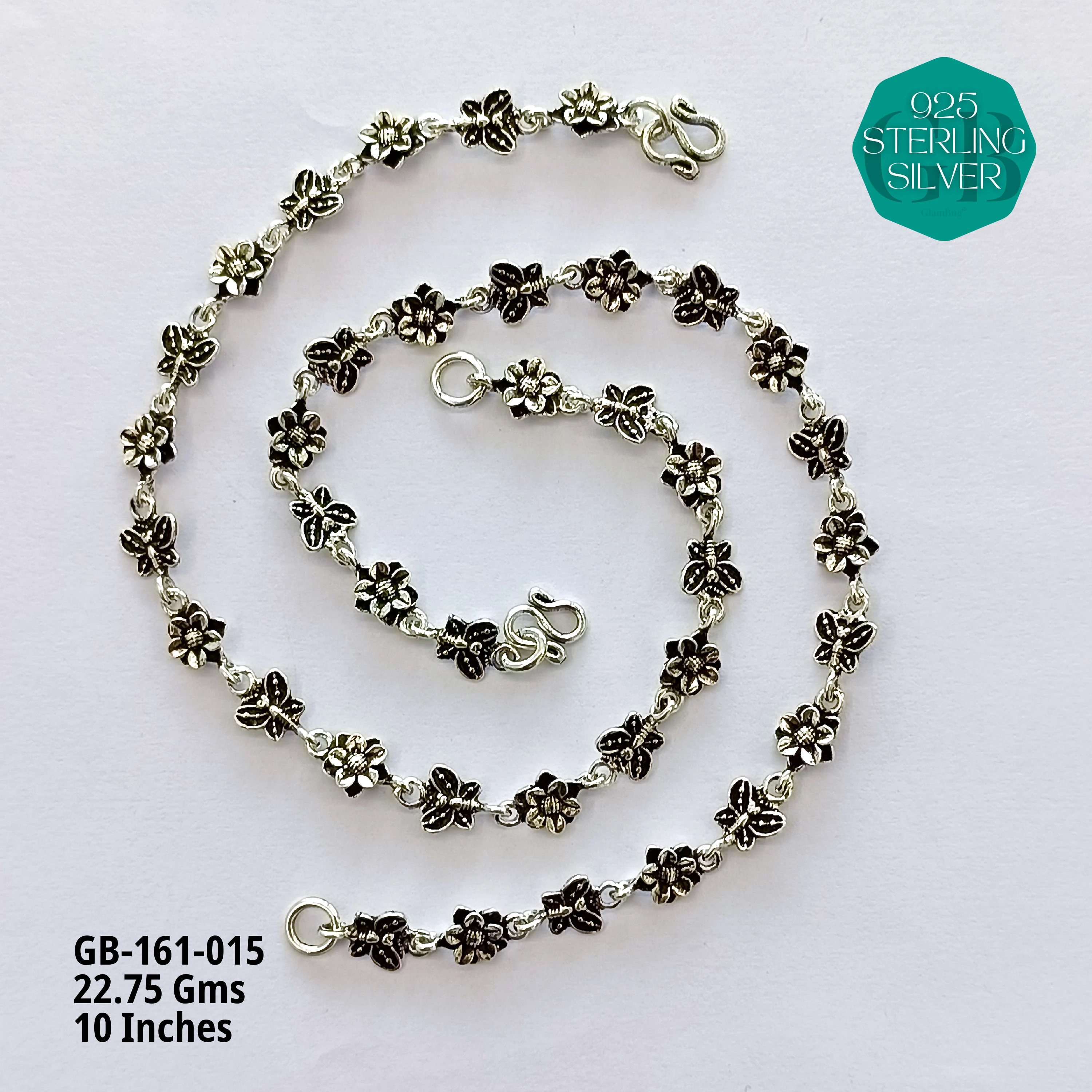 FLORAL OXIDIZED ANKLETS - Premium 925 Silver Jewellery - SKU: GB-161-015 - Hyderabad Silver Importers