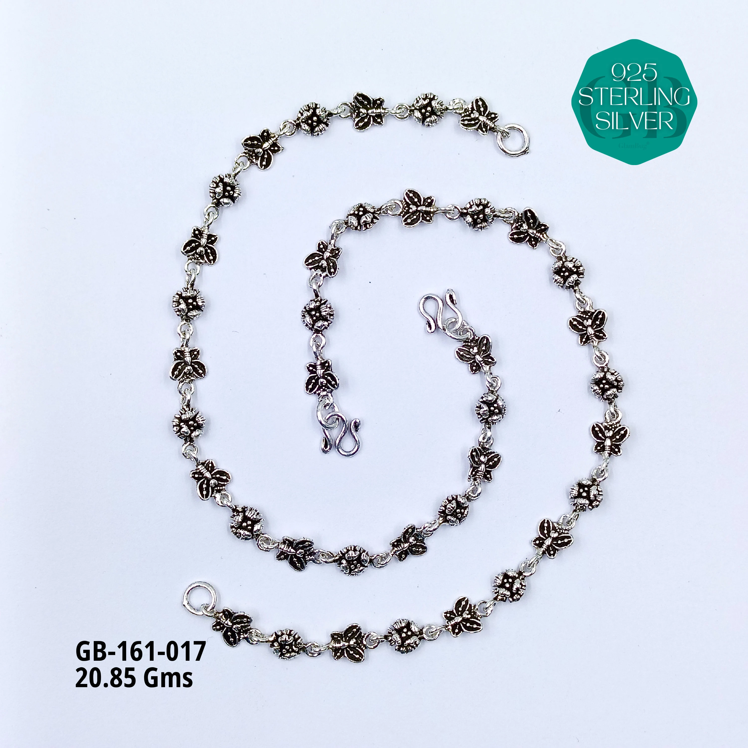 FLORAL OXIDIZED ANKLETS - Premium 925 Silver Jewellery - SKU: GB-161-017 - Hyderabad Silver Importers