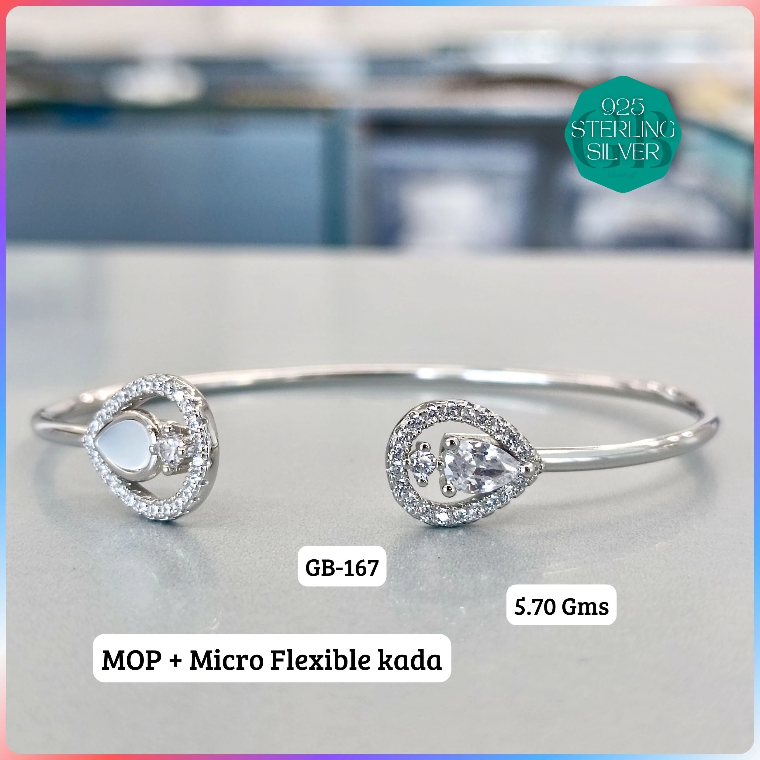 MOP + MICRO FLEXIBLE KADA - Premium 925 Silver Jewellery - SKU: GB-167-002 - Hyderabad Silver Importers