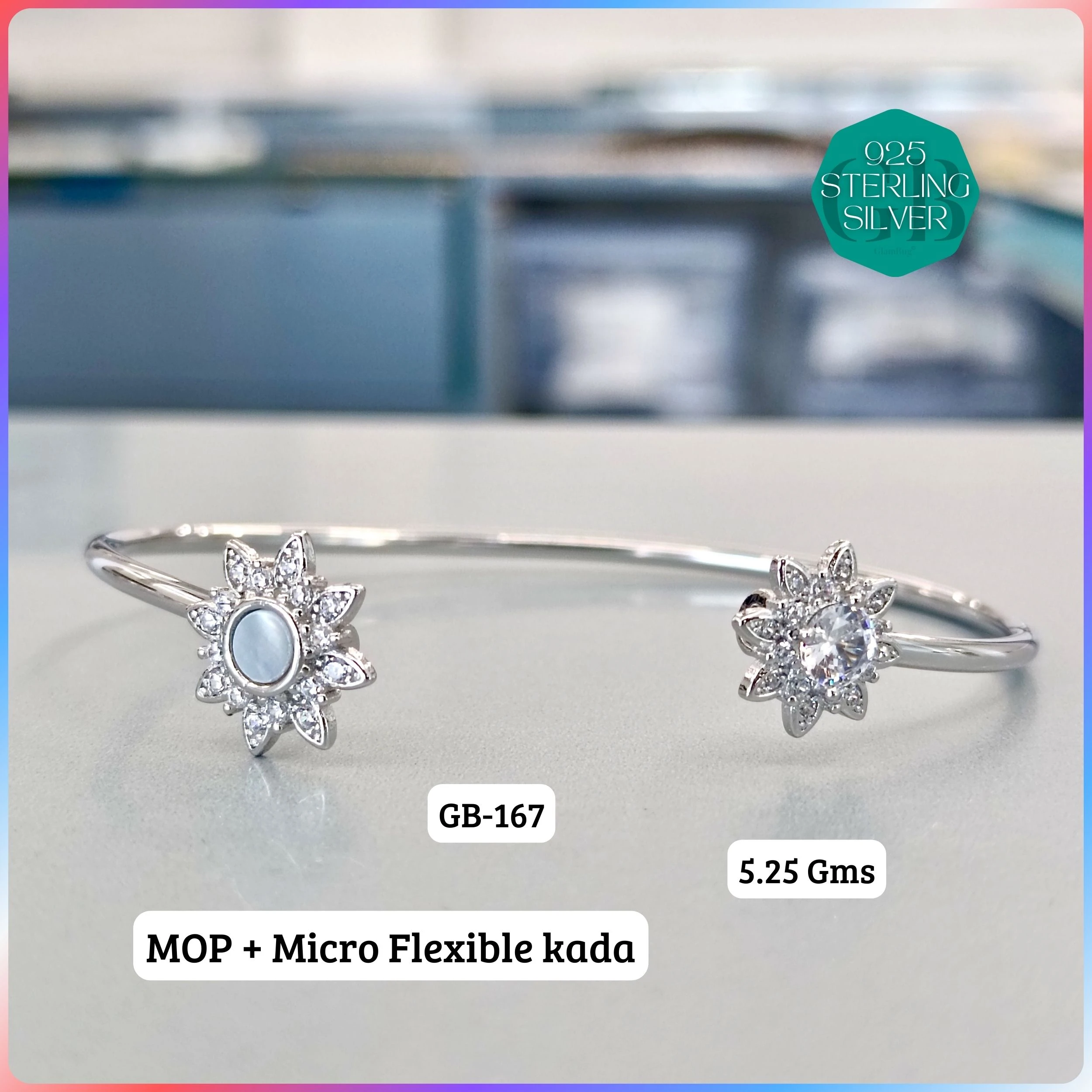 MOP + MICRO FLEXIBLE KADA - Premium 925 Silver Jewellery - SKU: GB-167-003 - Hyderabad Silver Importers