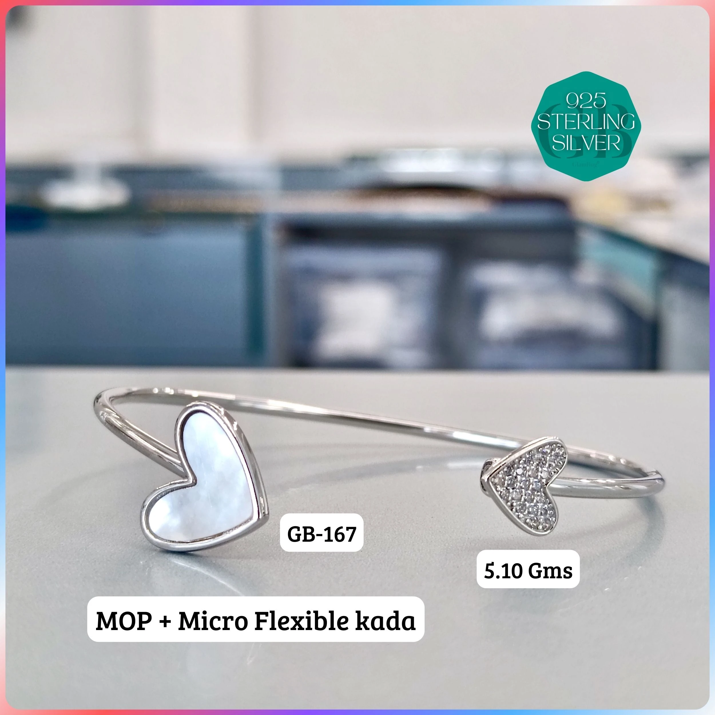 MOP + MICRO FLEXIBLE KADA - Premium 925 Silver Jewellery - SKU: GB-167-004 - Hyderabad Silver Importers