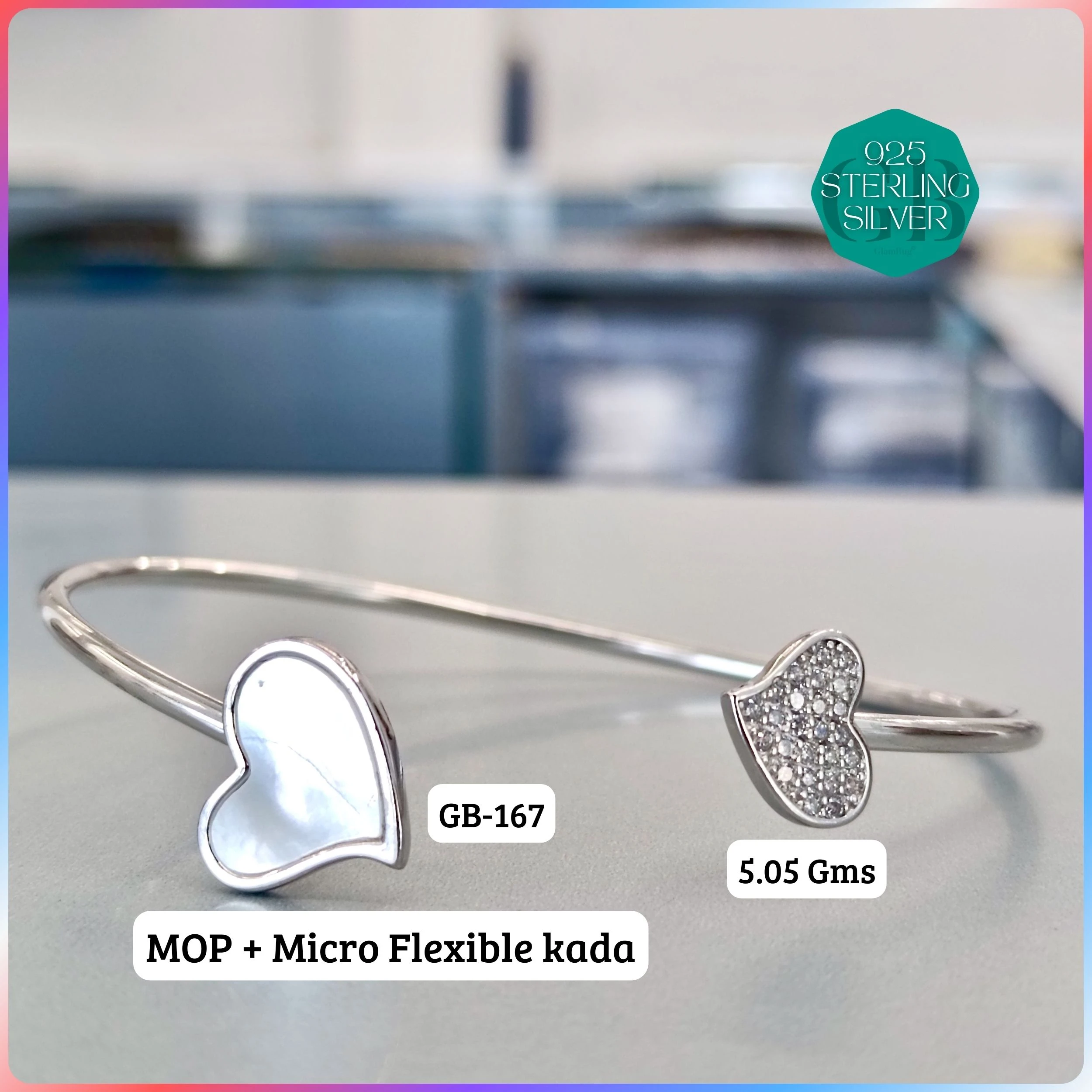 MOP + MICRO FLEXIBLE KADA - Premium 925 Silver Jewellery - SKU: GB-167-006 - Hyderabad Silver Importers