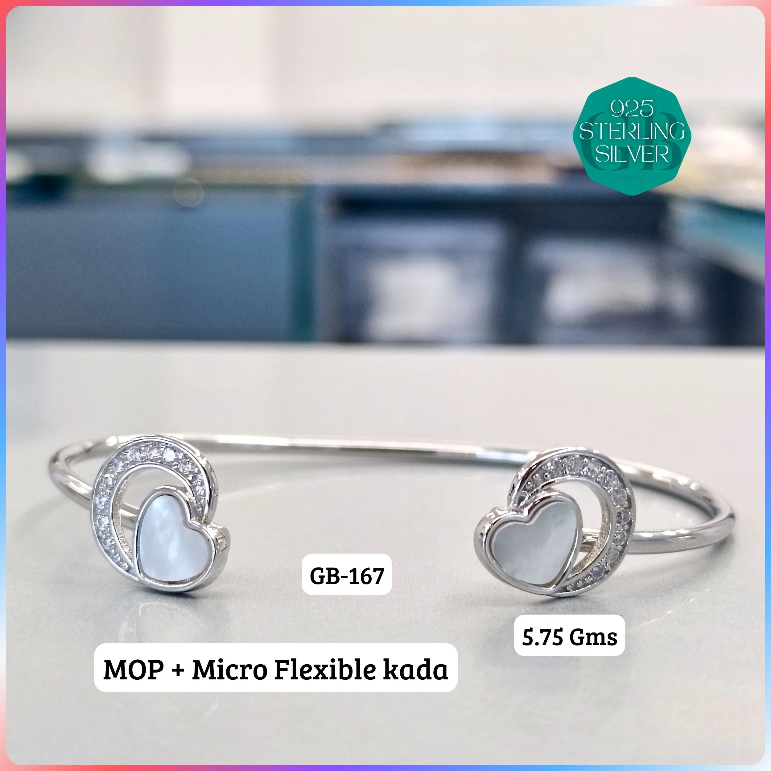 MOP + MICRO FLEXIBLE KADA - Premium 925 Silver Jewellery - SKU: GB-167-008 - Hyderabad Silver Importers