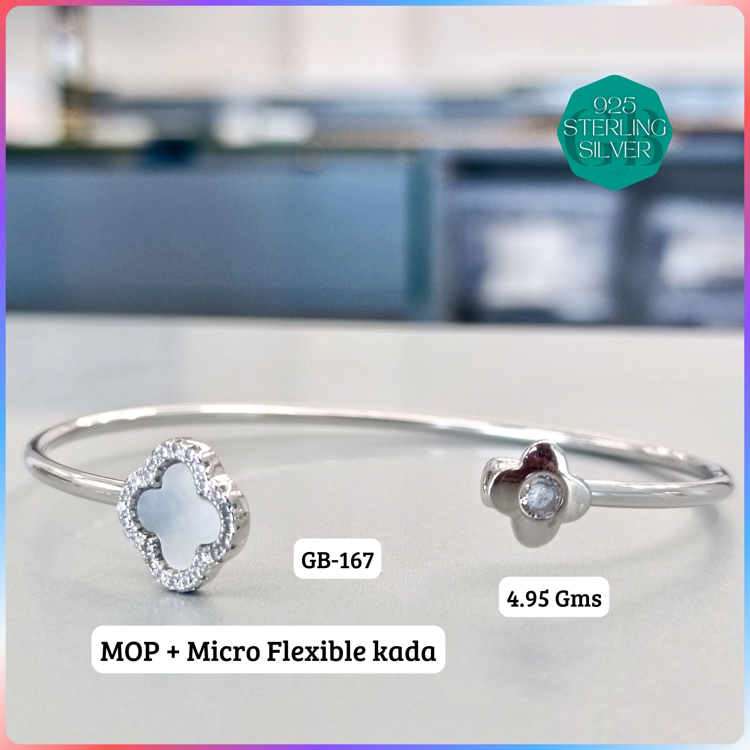 MOP + MICRO FLEXIBLE KADA - Premium 925 Silver Jewellery - SKU: GB-167-009 - Hyderabad Silver Importers