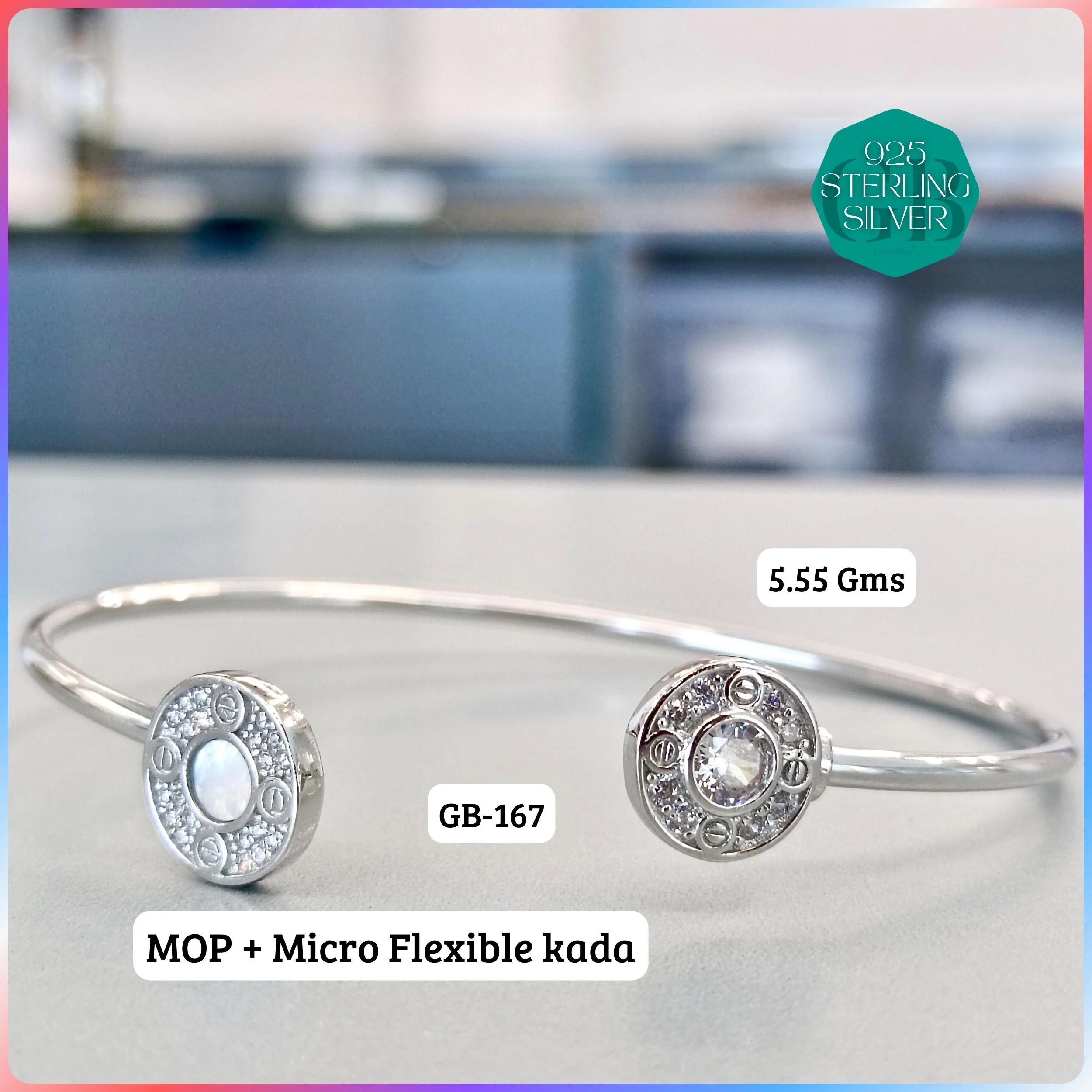 MOP + MICRO FLEXIBLE KADA - Premium 925 Silver Jewellery - SKU: GB-167-010 - Hyderabad Silver Importers