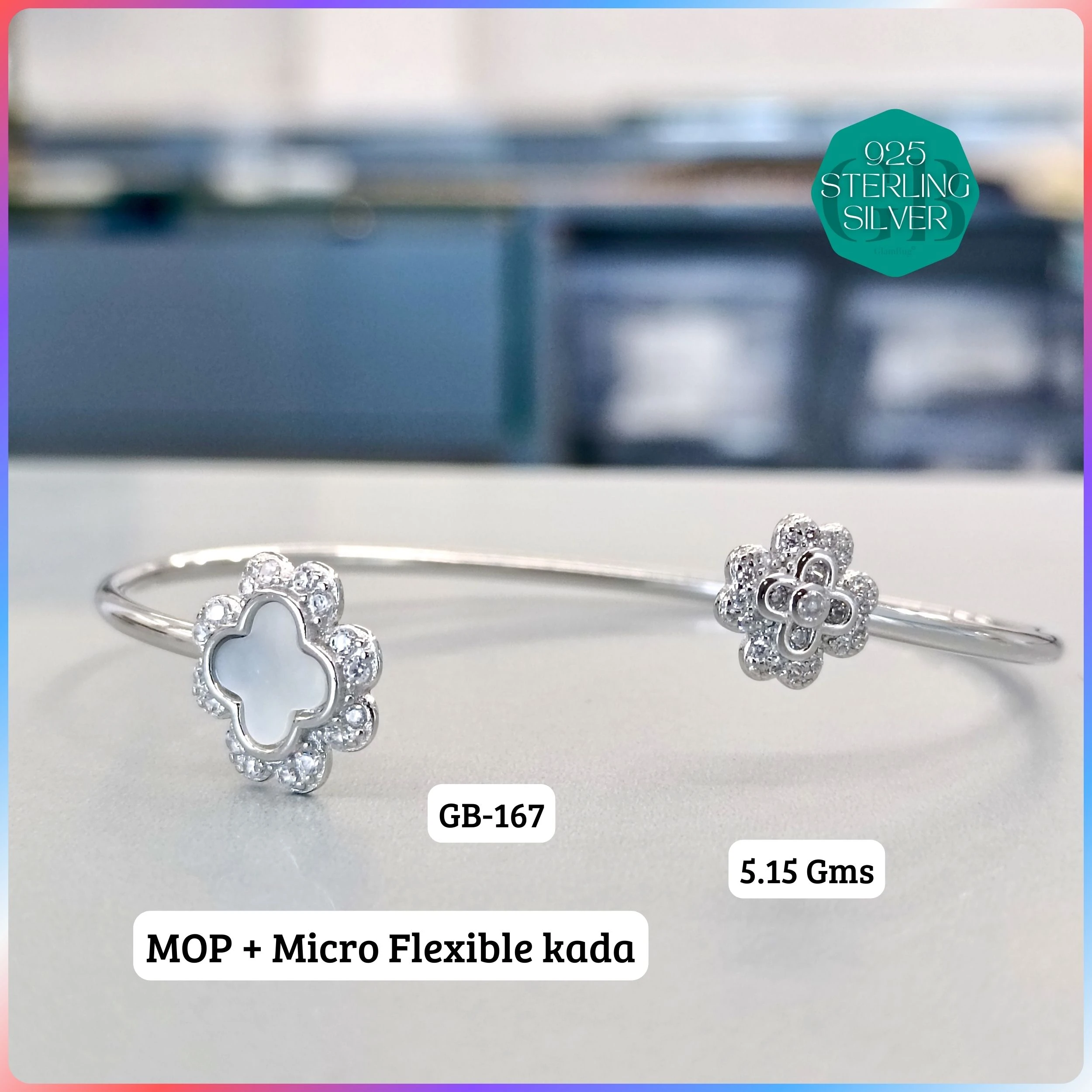 MOP + MICRO FLEXIBLE KADA - Premium 925 Silver Jewellery - SKU: GB-167-011 - Hyderabad Silver Importers