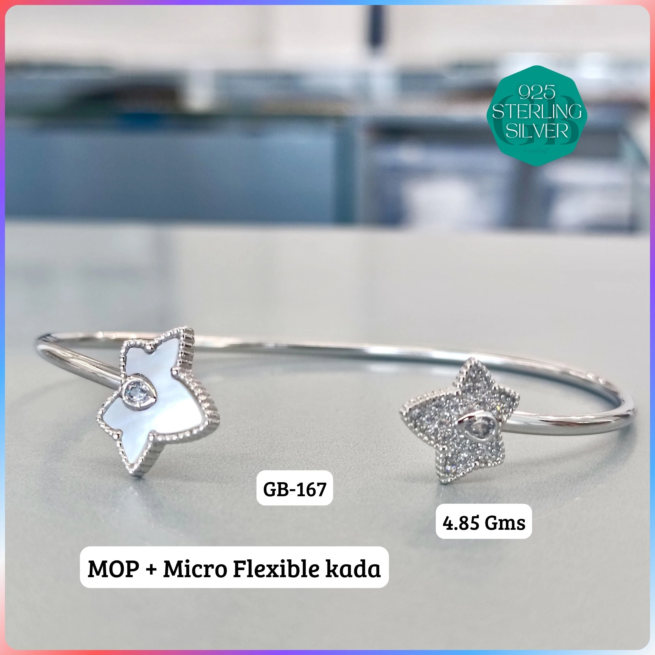 MOP + MICRO FLEXIBLE KADA - Premium 925 Silver Jewellery - SKU: GB-167-012 - Hyderabad Silver Importers