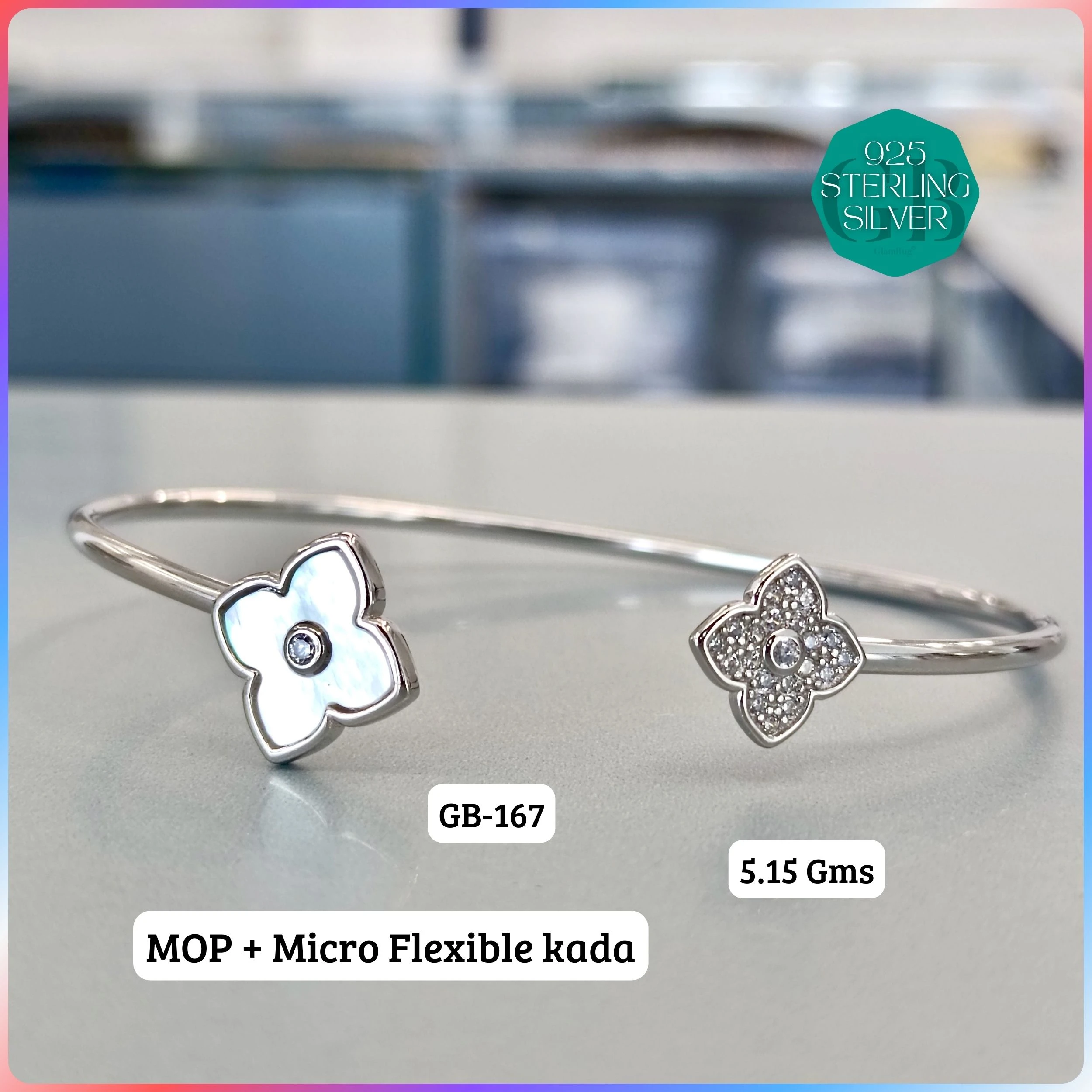 MOP + MICRO FLEXIBLE KADA - Premium 925 Silver Jewellery - SKU: GB-167-013 - Hyderabad Silver Importers