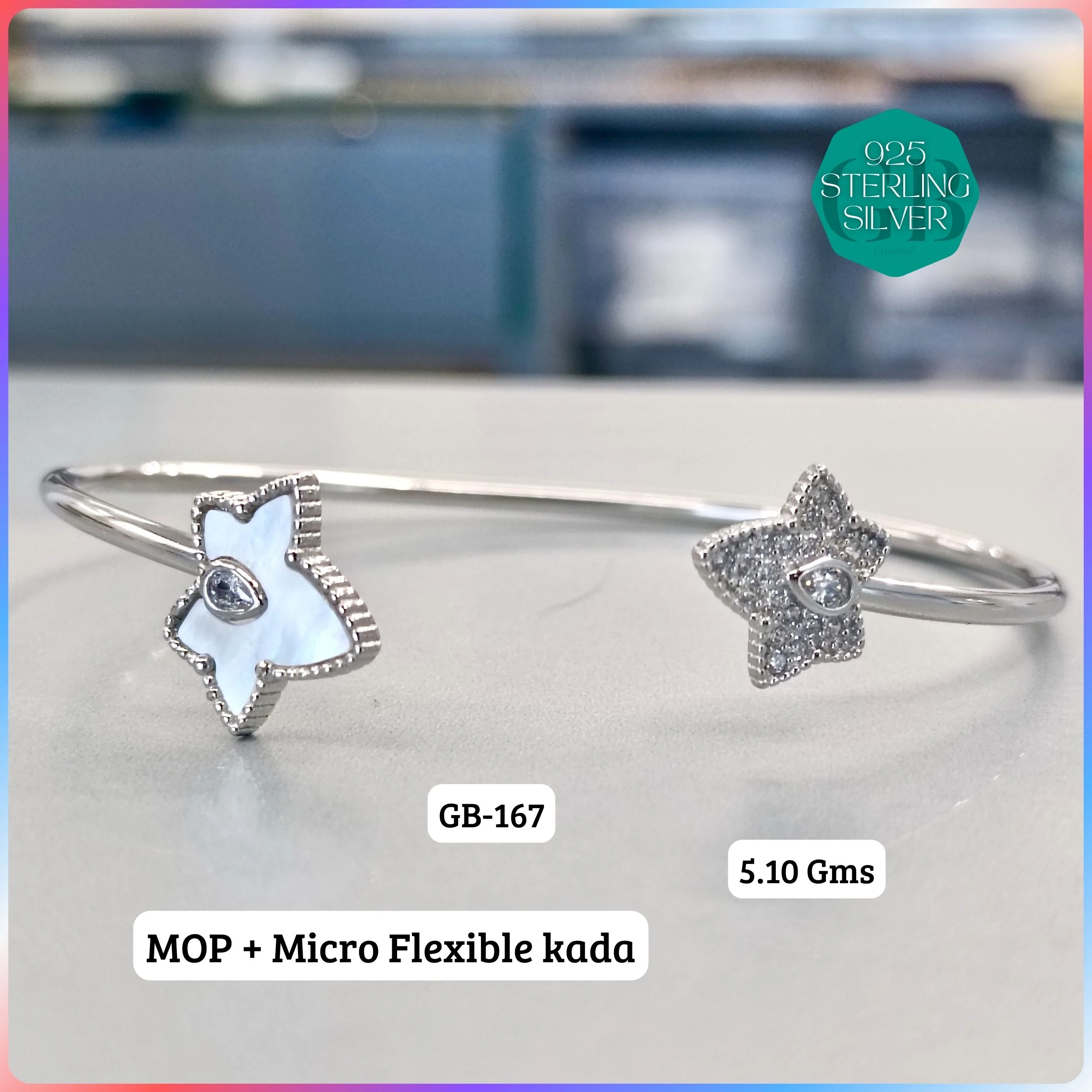 MOP + MICRO FLEXIBLE KADA - Premium 925 Silver Jewellery - SKU: GB-167-015 - Hyderabad Silver Importers
