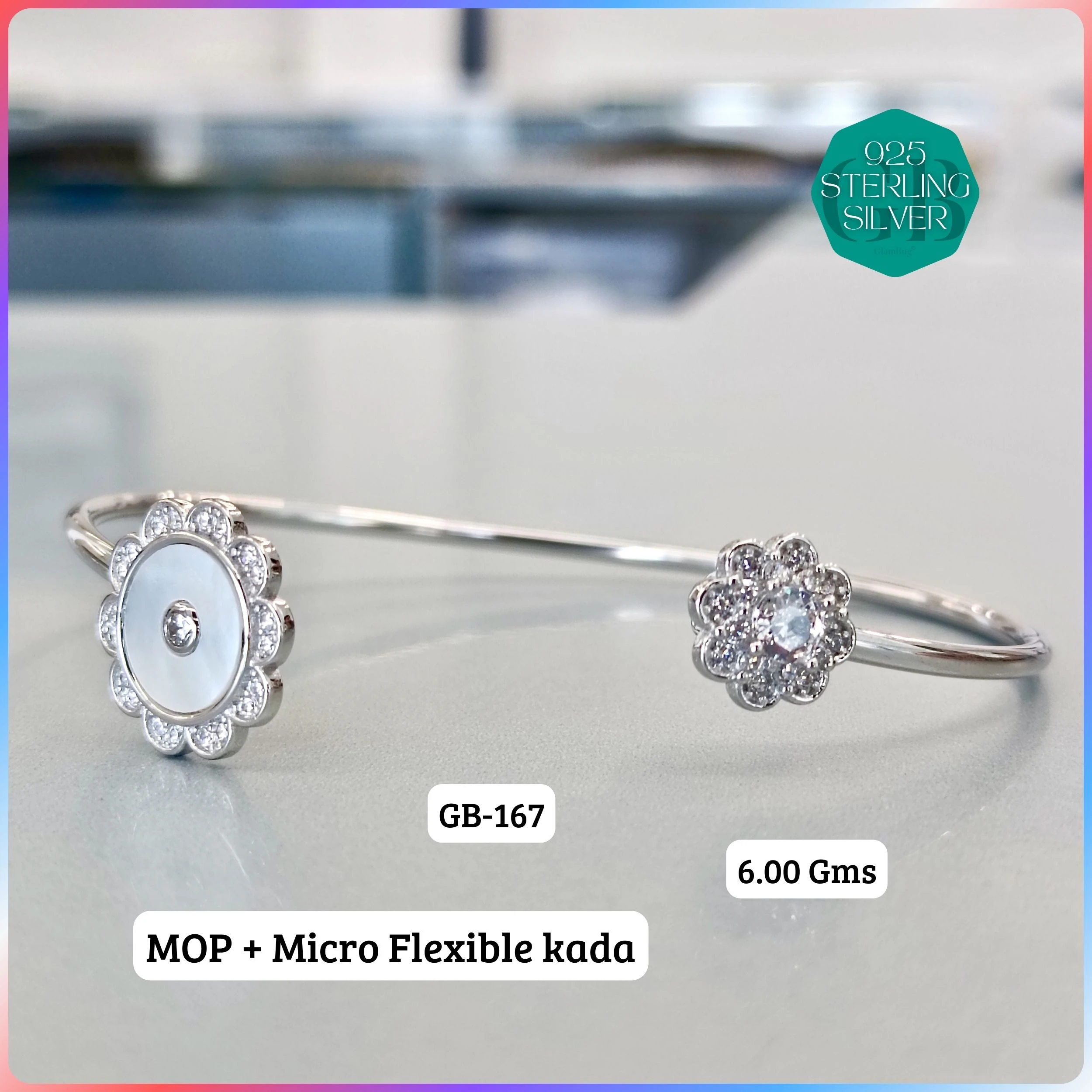 MOP + MICRO FLEXIBLE KADA - Premium 925 Silver Jewellery - SKU: GB-167-016 - Hyderabad Silver Importers