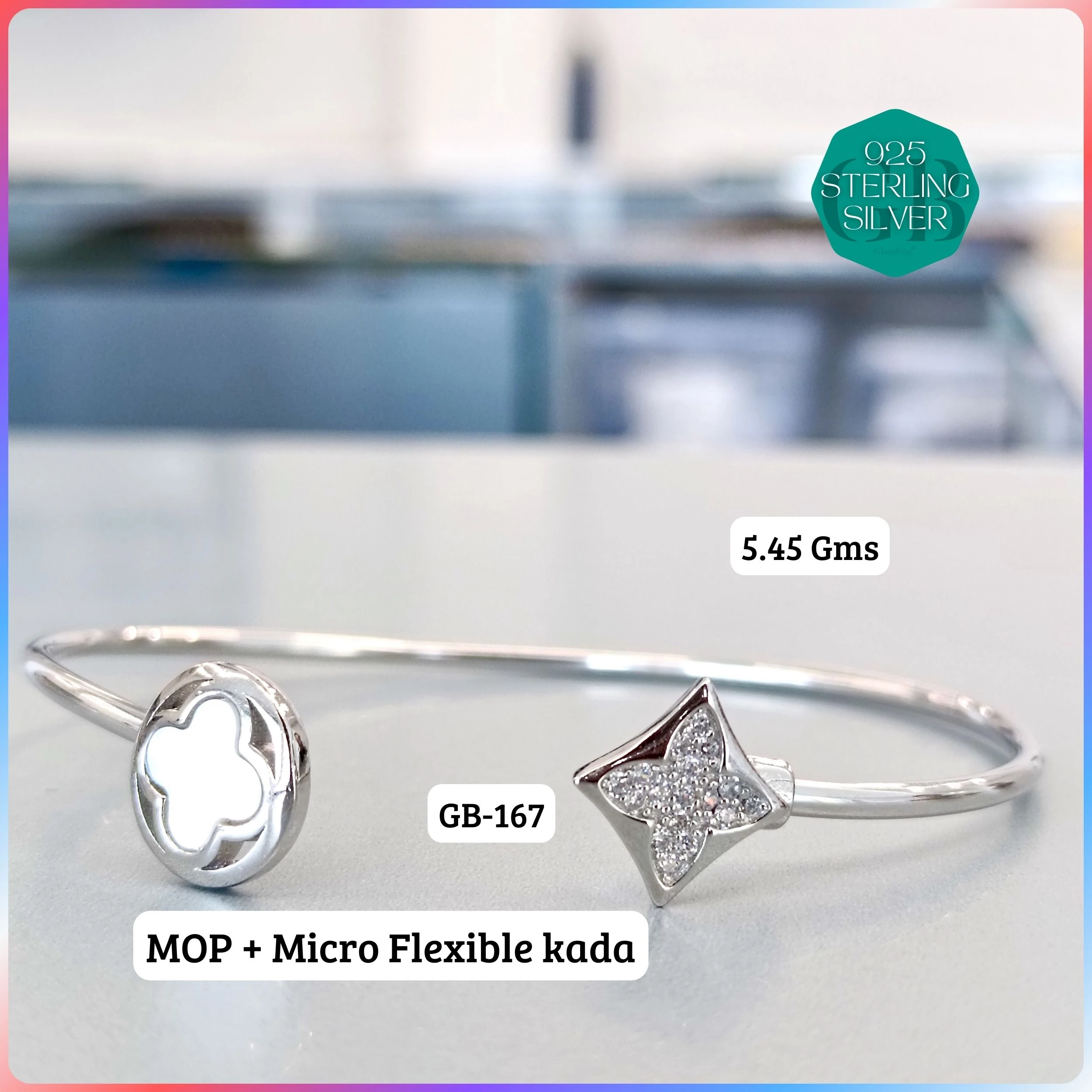 MOP + MICRO FLEXIBLE KADA - Premium 925 Silver Jewellery - SKU: GB-167-017 - Hyderabad Silver Importers
