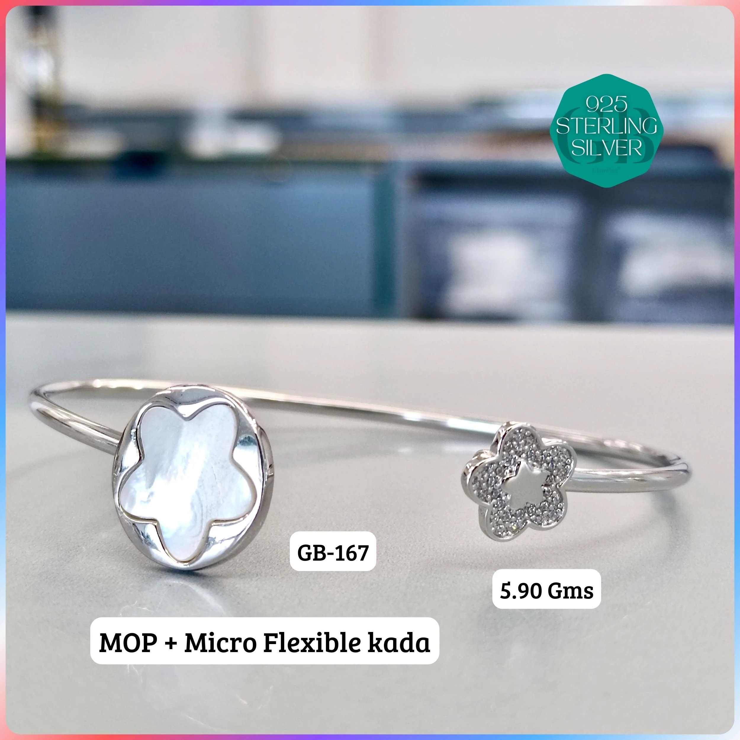 MOP + MICRO FLEXIBLE KADA - Premium 925 Silver Jewellery - SKU: GB-167-019 - Hyderabad Silver Importers