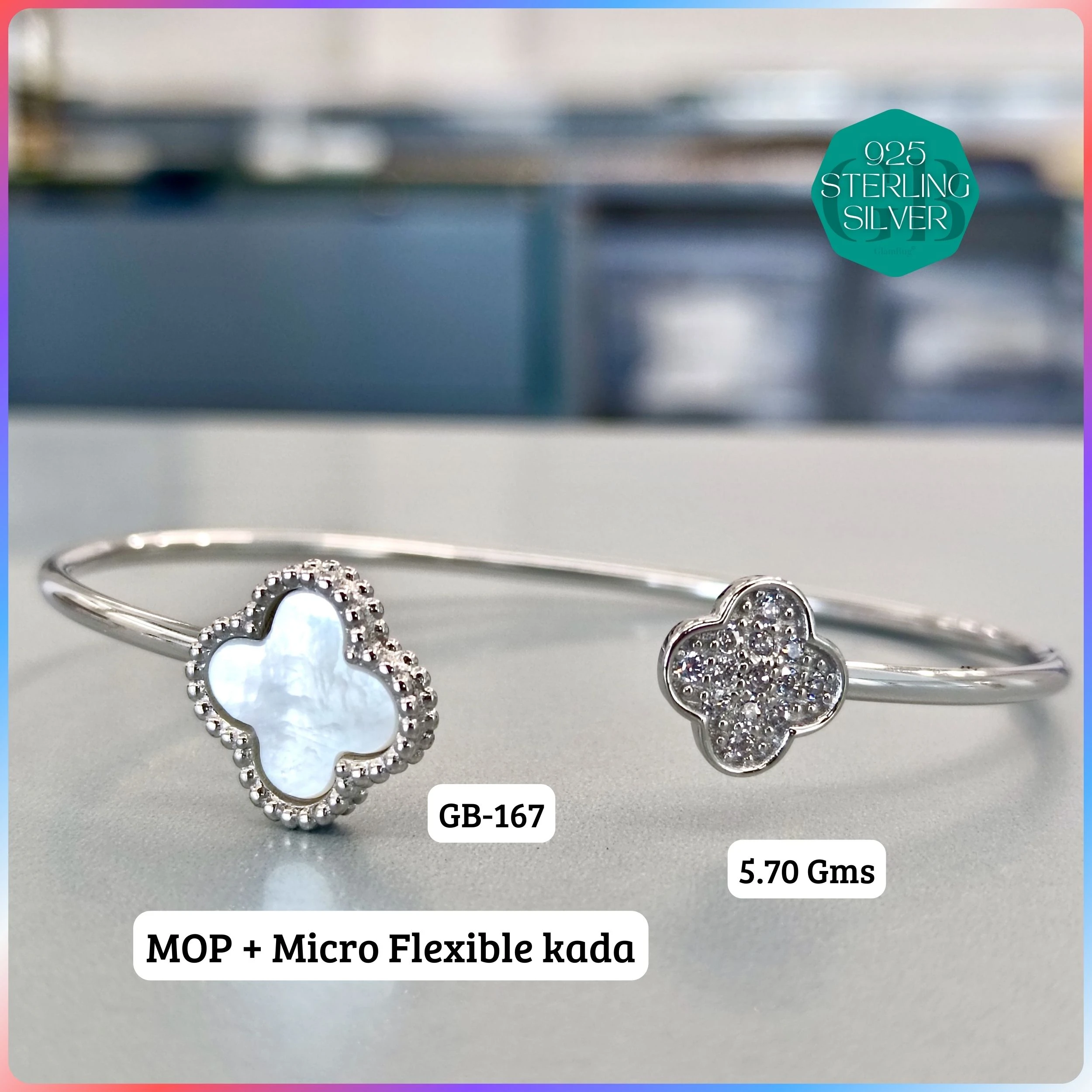 MOP + MICRO FLEXIBLE KADA - Premium 925 Silver Jewellery - SKU: GB-167-020 - Hyderabad Silver Importers