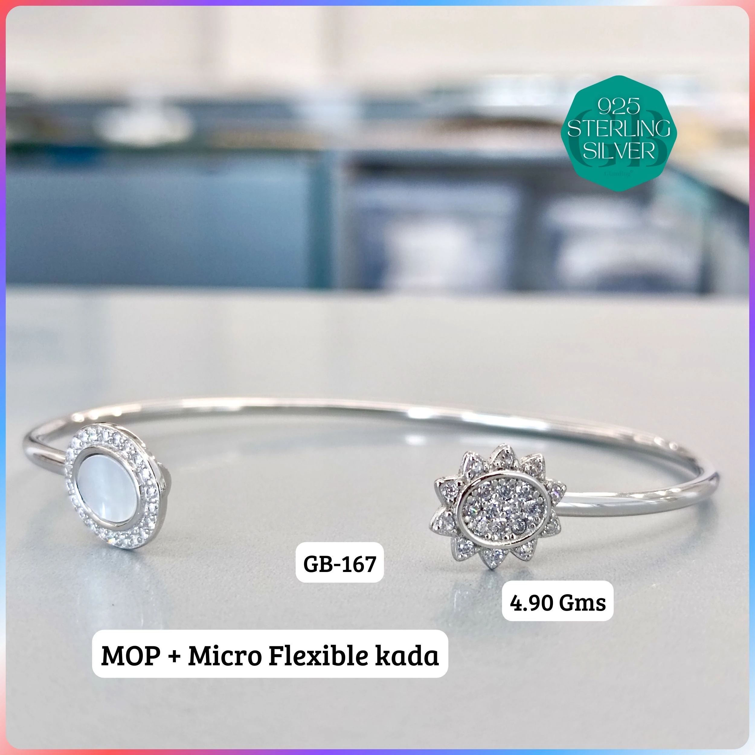 MOP + MICRO FLEXIBLE KADA - Premium 925 Silver Jewellery - SKU: GB-167-021 - Hyderabad Silver Importers