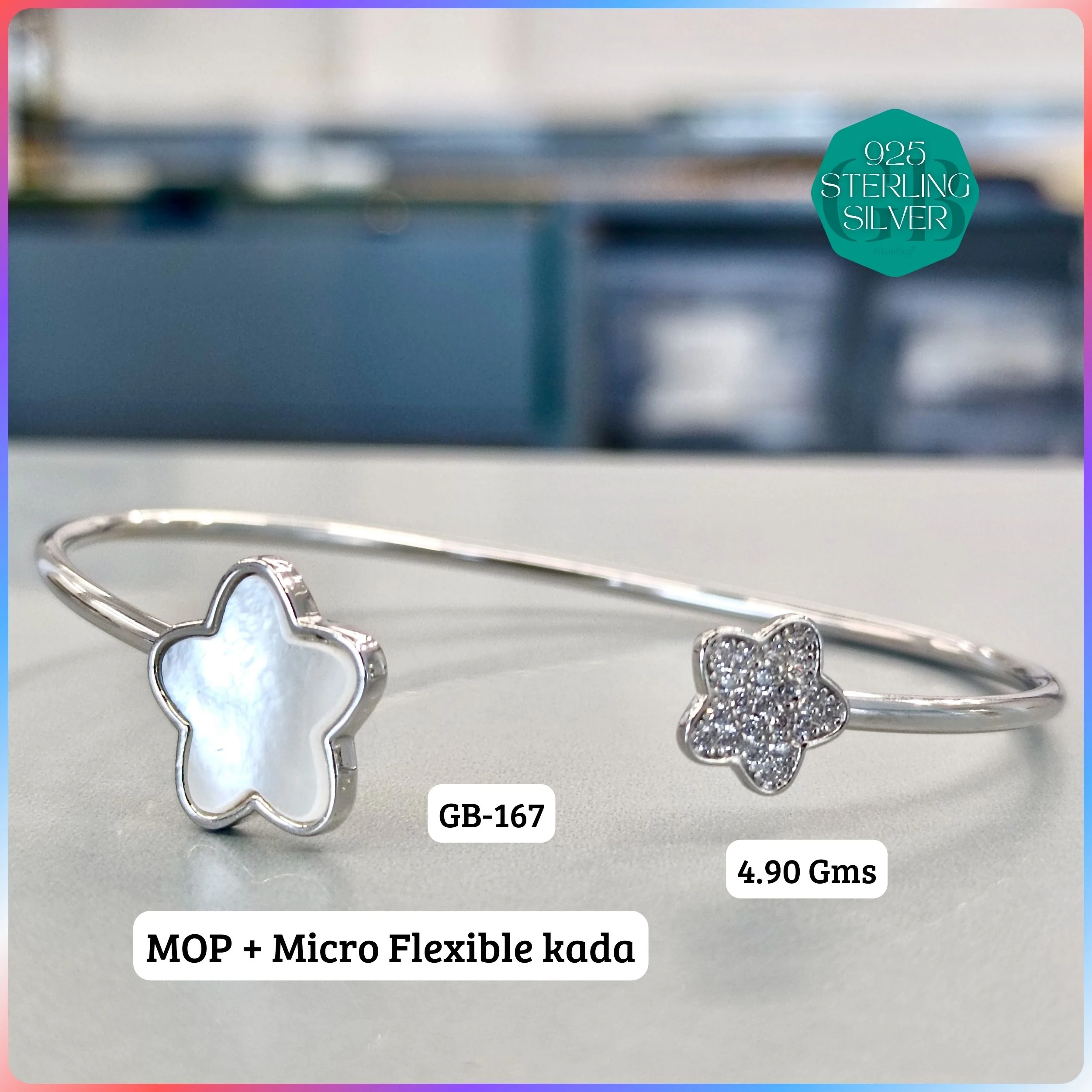 MOP + MICRO FLEXIBLE KADA - Premium 925 Silver Jewellery - SKU: GB-167-022 - Hyderabad Silver Importers