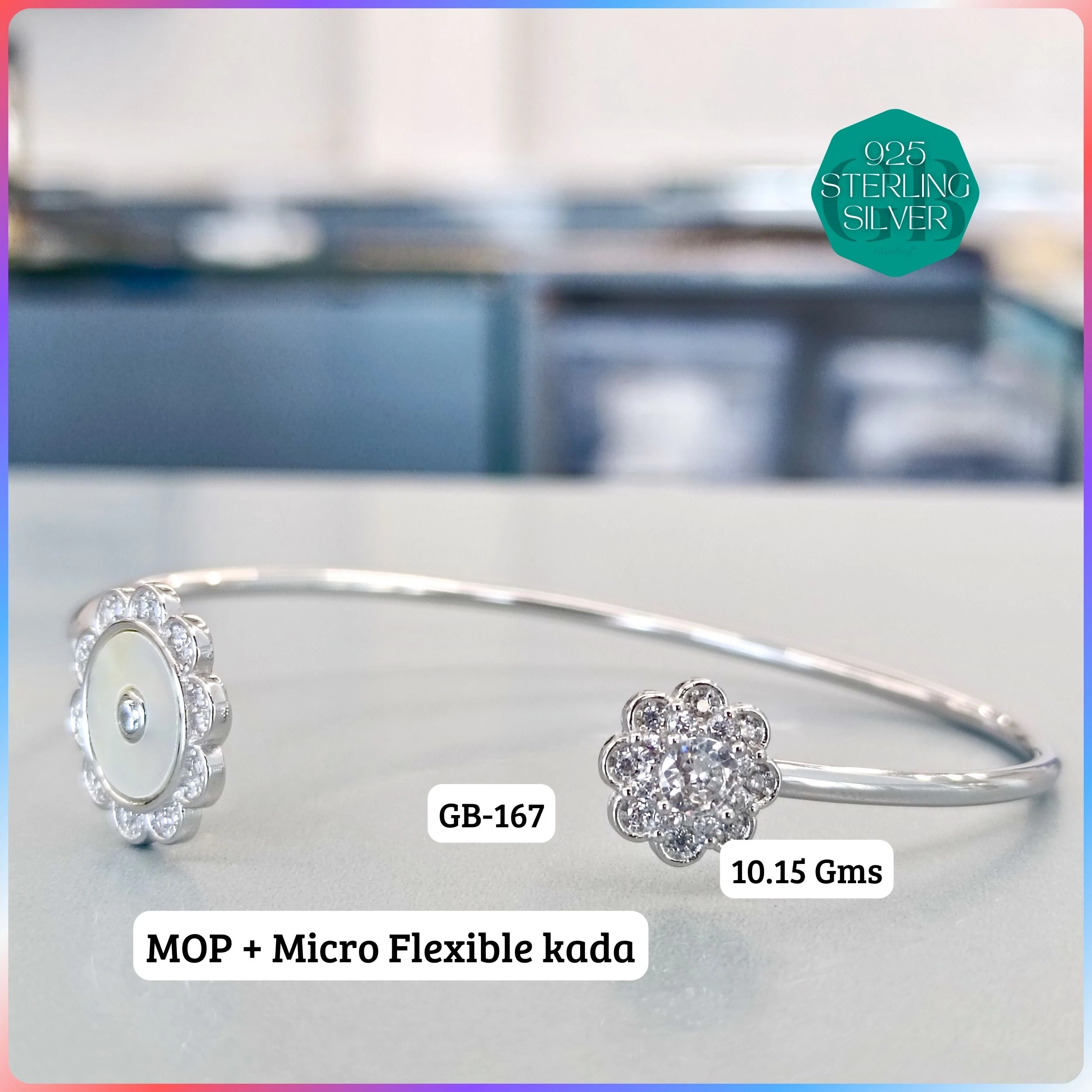 MOP + MICRO FLEXIBLE KADA - Premium 925 Silver Jewellery - SKU: GB-167-025 - Hyderabad Silver Importers