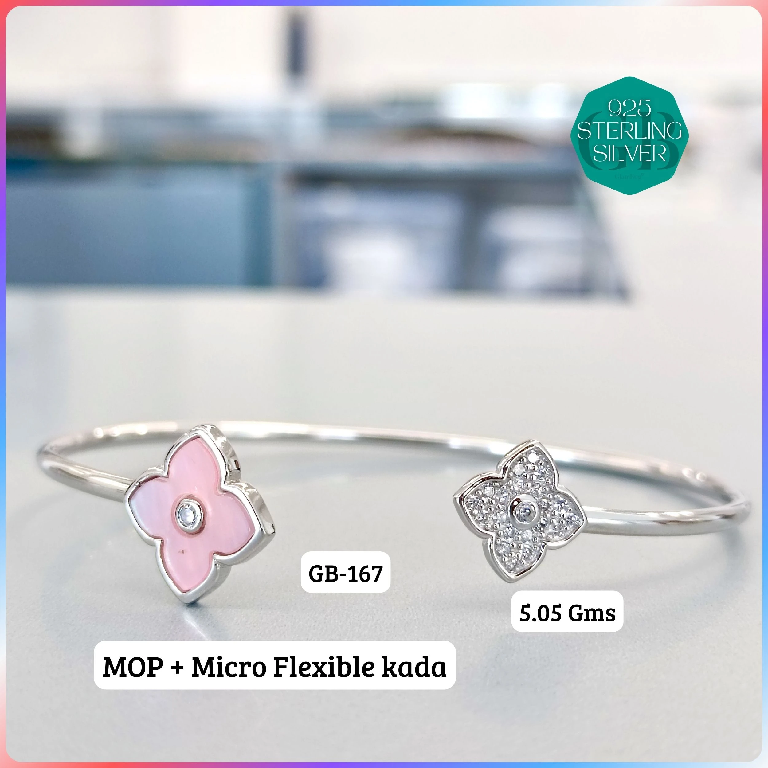 MOP + MICRO FLEXIBLE KADA - Premium 925 Silver Jewellery - SKU: GB-167-026 - Hyderabad Silver Importers