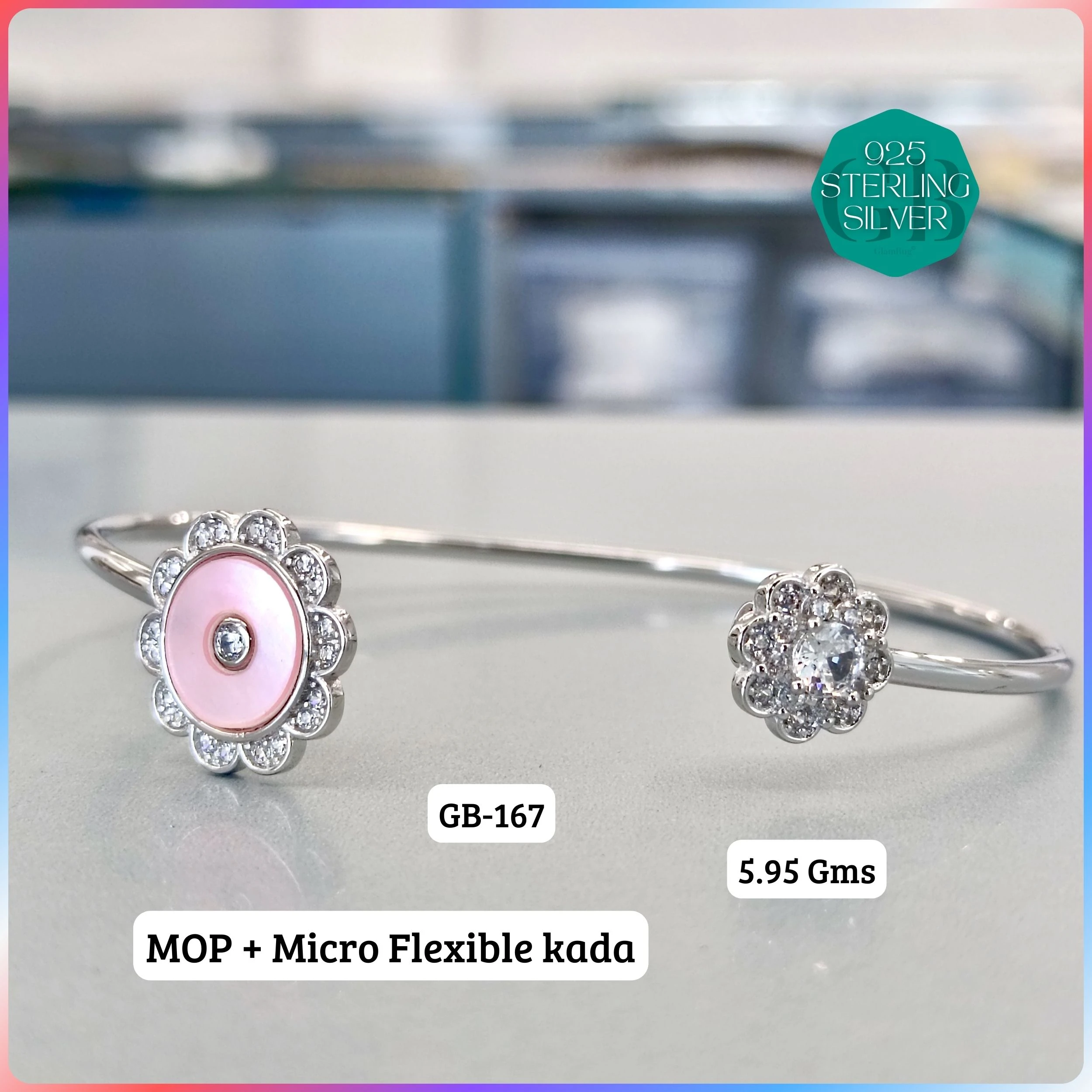MOP + MICRO FLEXIBLE KADA - Premium 925 Silver Jewellery - SKU: GB-167-027 - Hyderabad Silver Importers