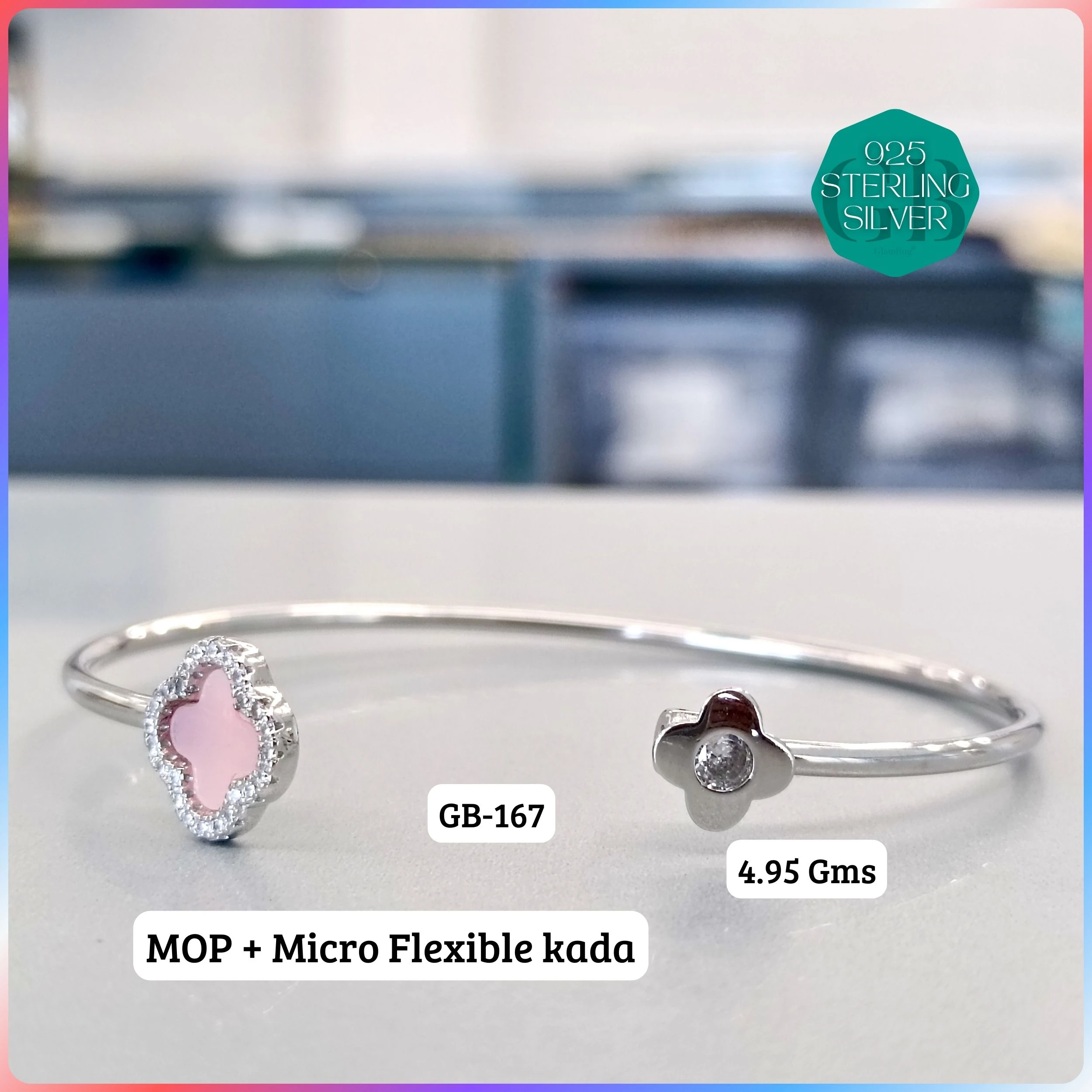 MOP + MICRO FLEXIBLE KADA - Premium 925 Silver Jewellery - SKU: GB-167-028 - Hyderabad Silver Importers