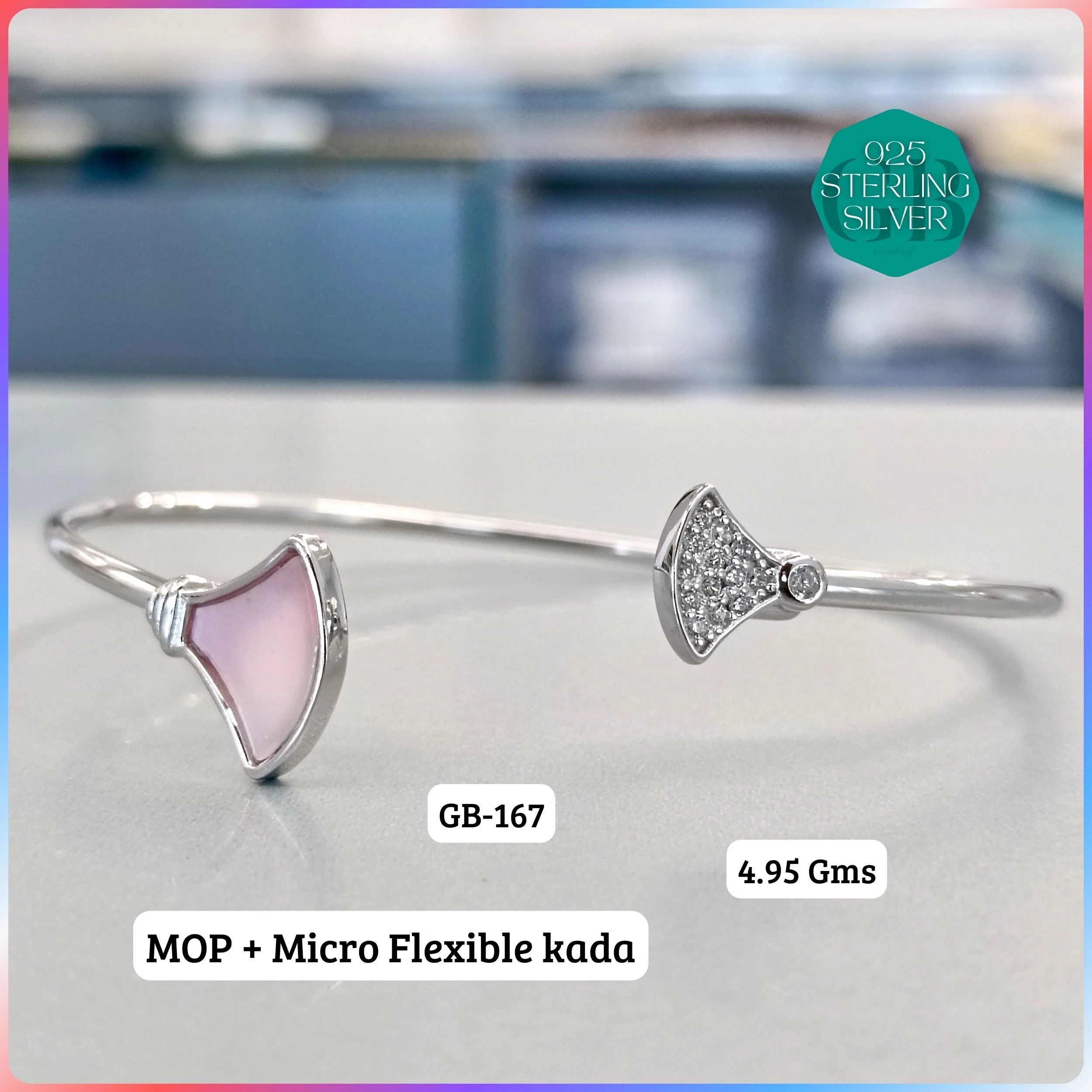 MOP + MICRO FLEXIBLE KADA - Premium 925 Silver Jewellery - SKU: GB-167-029 - Hyderabad Silver Importers