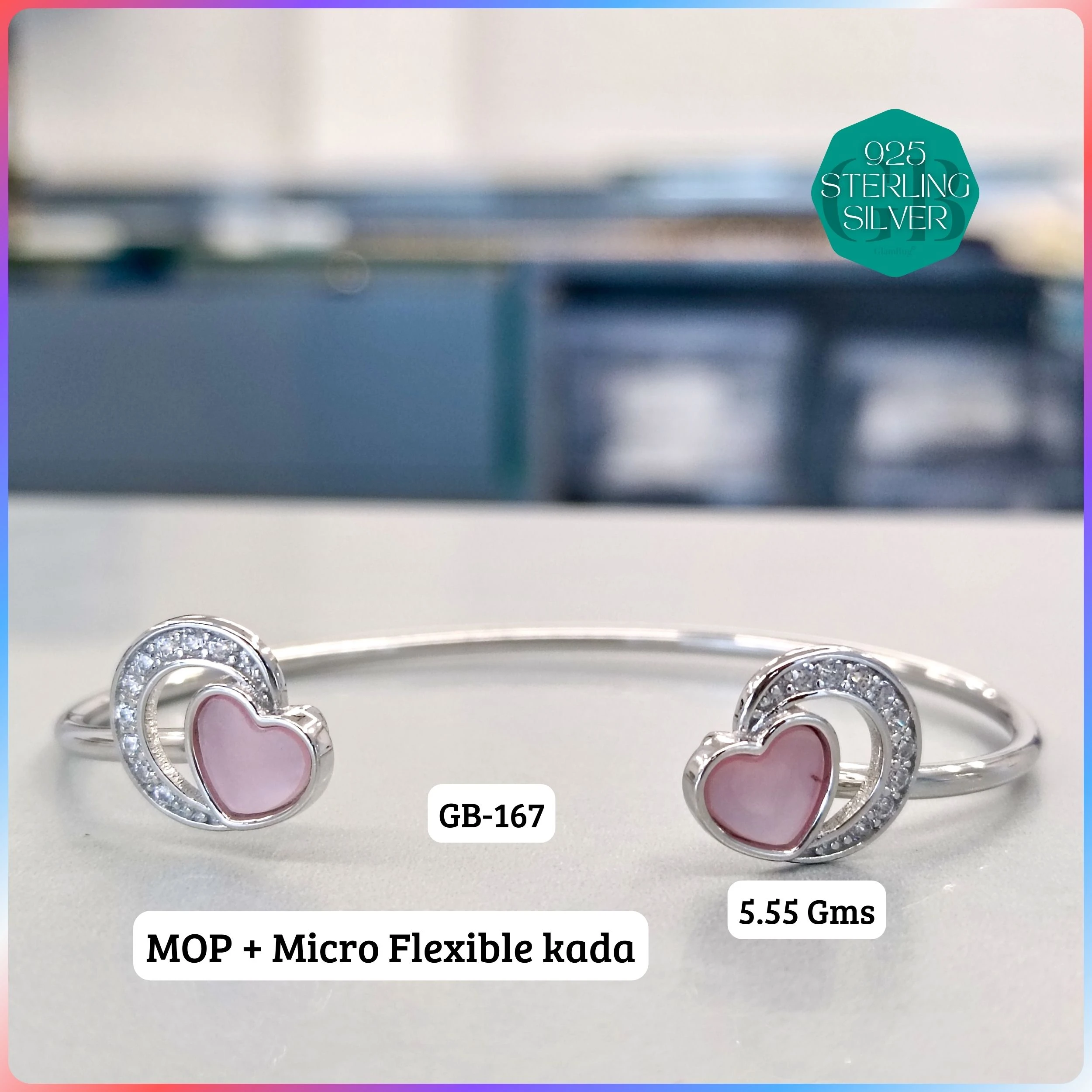 MOP + MICRO FLEXIBLE KADA - Premium 925 Silver Jewellery - SKU: GB-167-030 - Hyderabad Silver Importers