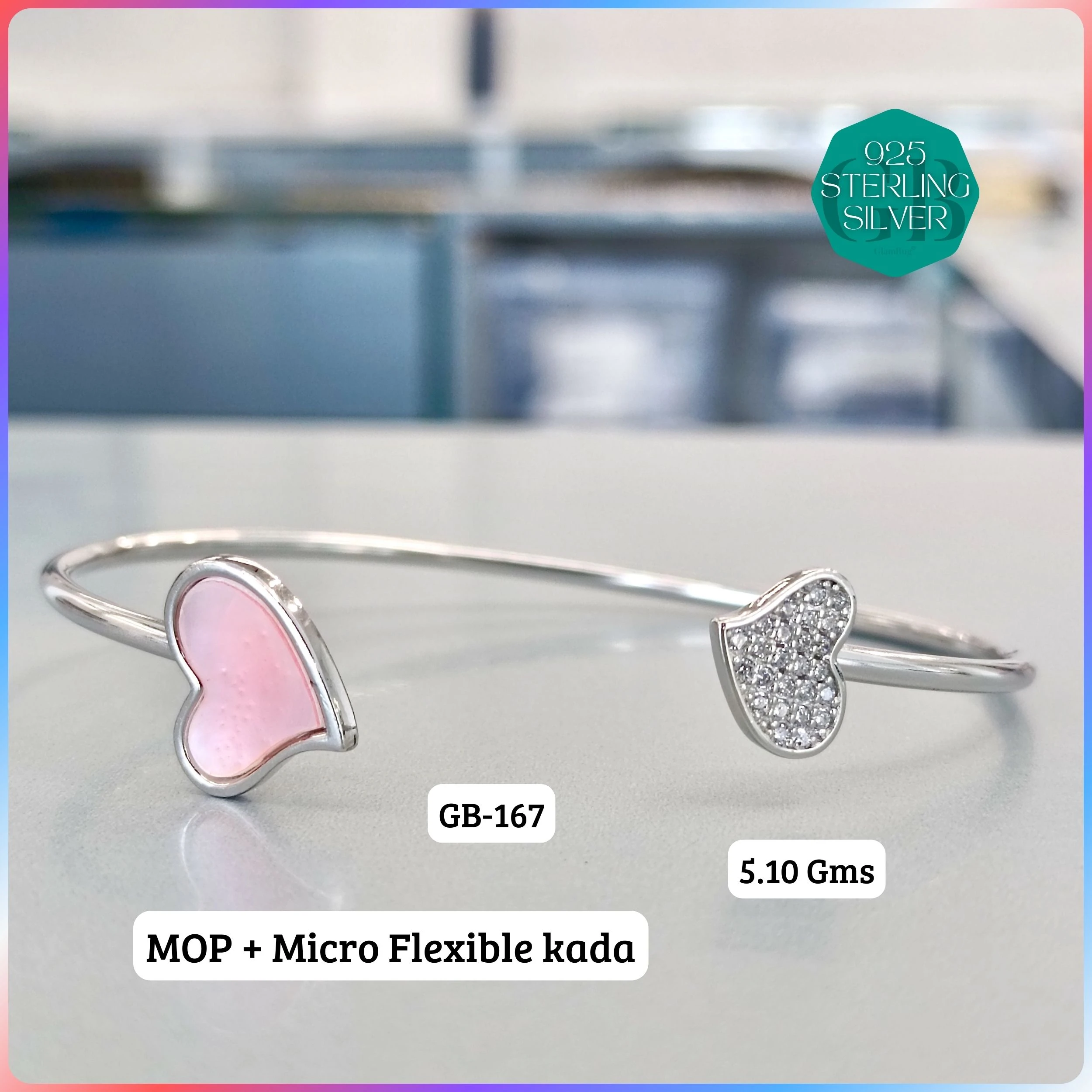 MOP + MICRO FLEXIBLE KADA - Premium 925 Silver Jewellery - SKU: GB-167-031 - Hyderabad Silver Importers