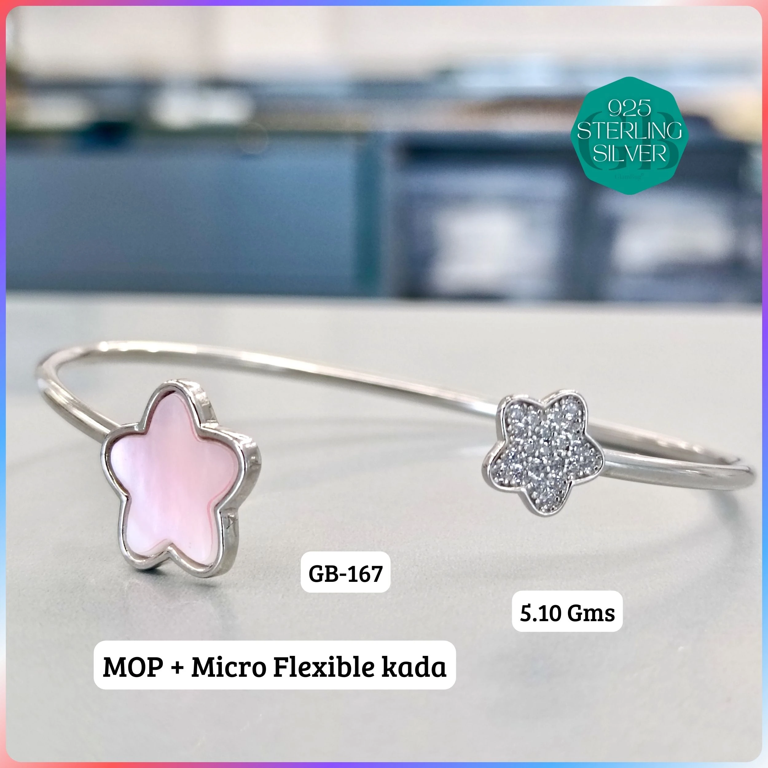 MOP + MICRO FLEXIBLE KADA - Premium 925 Silver Jewellery - SKU: GB-167-032 - Hyderabad Silver Importers