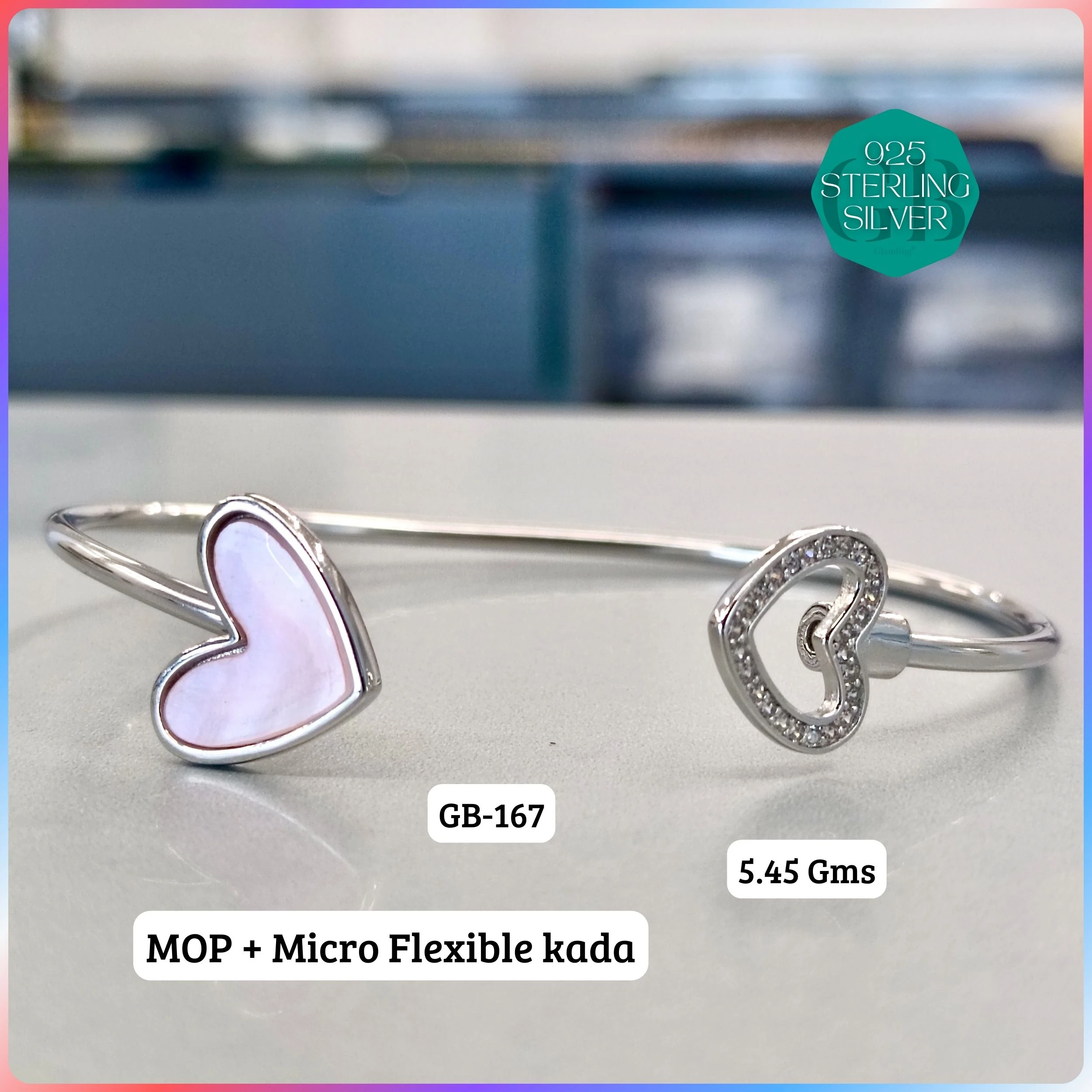 MOP + MICRO FLEXIBLE KADA - Premium 925 Silver Jewellery - SKU: GB-167-033 - Hyderabad Silver Importers