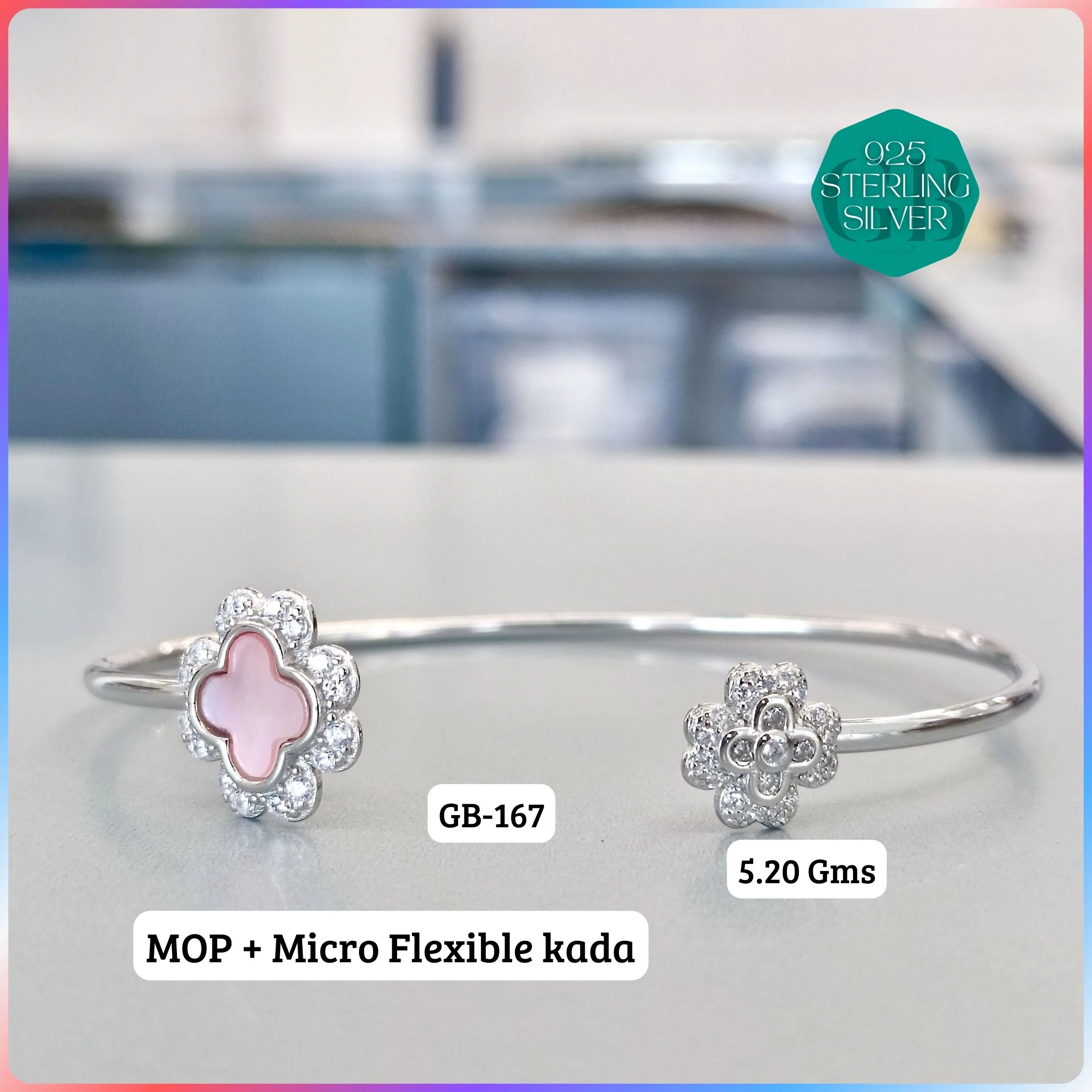 MOP + MICRO FLEXIBLE KADA - Premium 925 Silver Jewellery - SKU: GB-167-034 - Hyderabad Silver Importers