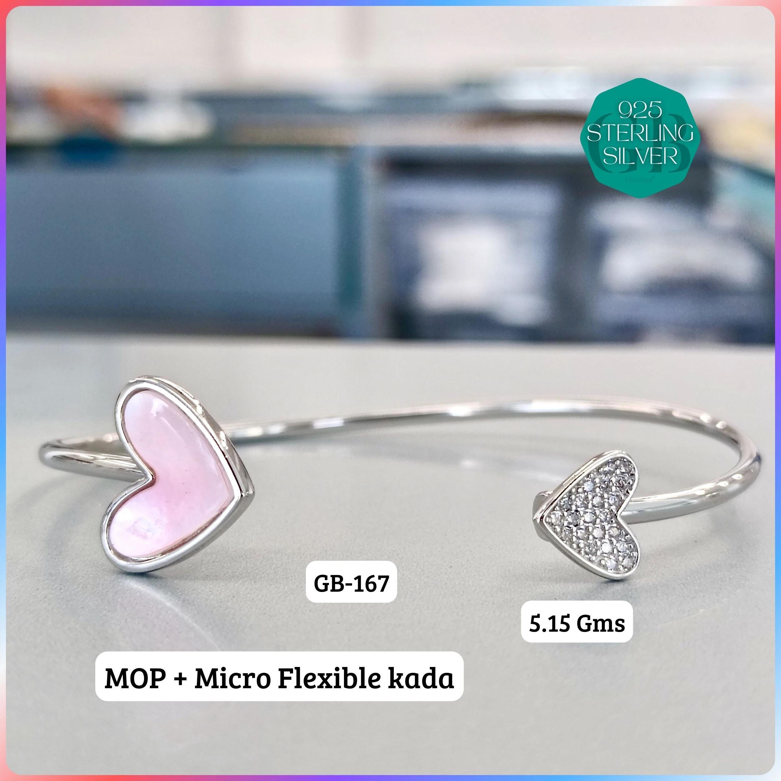 MOP + MICRO FLEXIBLE KADA - Premium 925 Silver Jewellery - SKU: GB-167-036 - Hyderabad Silver Importers