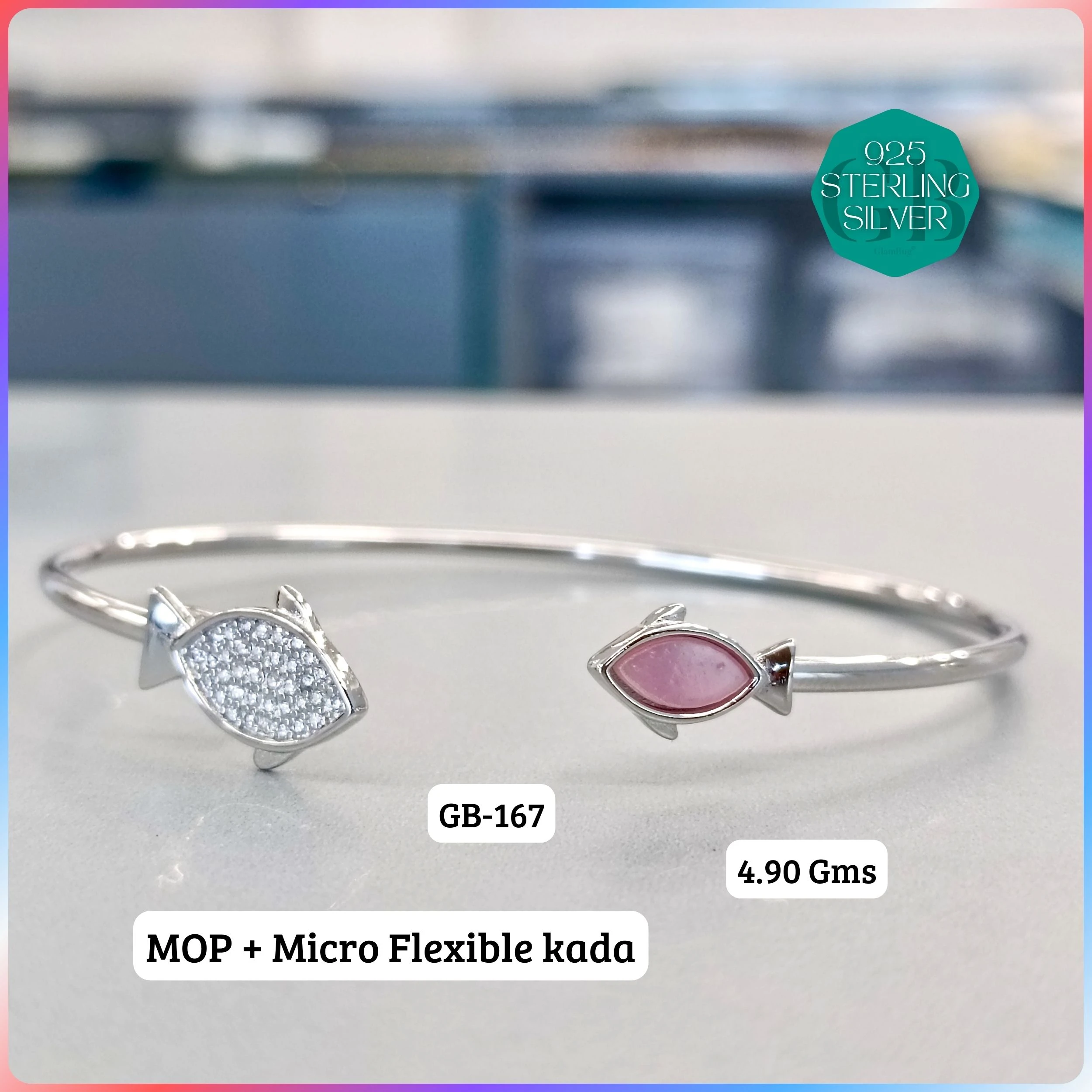 MOP + MICRO FLEXIBLE KADA - Premium 925 Silver Jewellery - SKU: GB-167-037 - Hyderabad Silver Importers