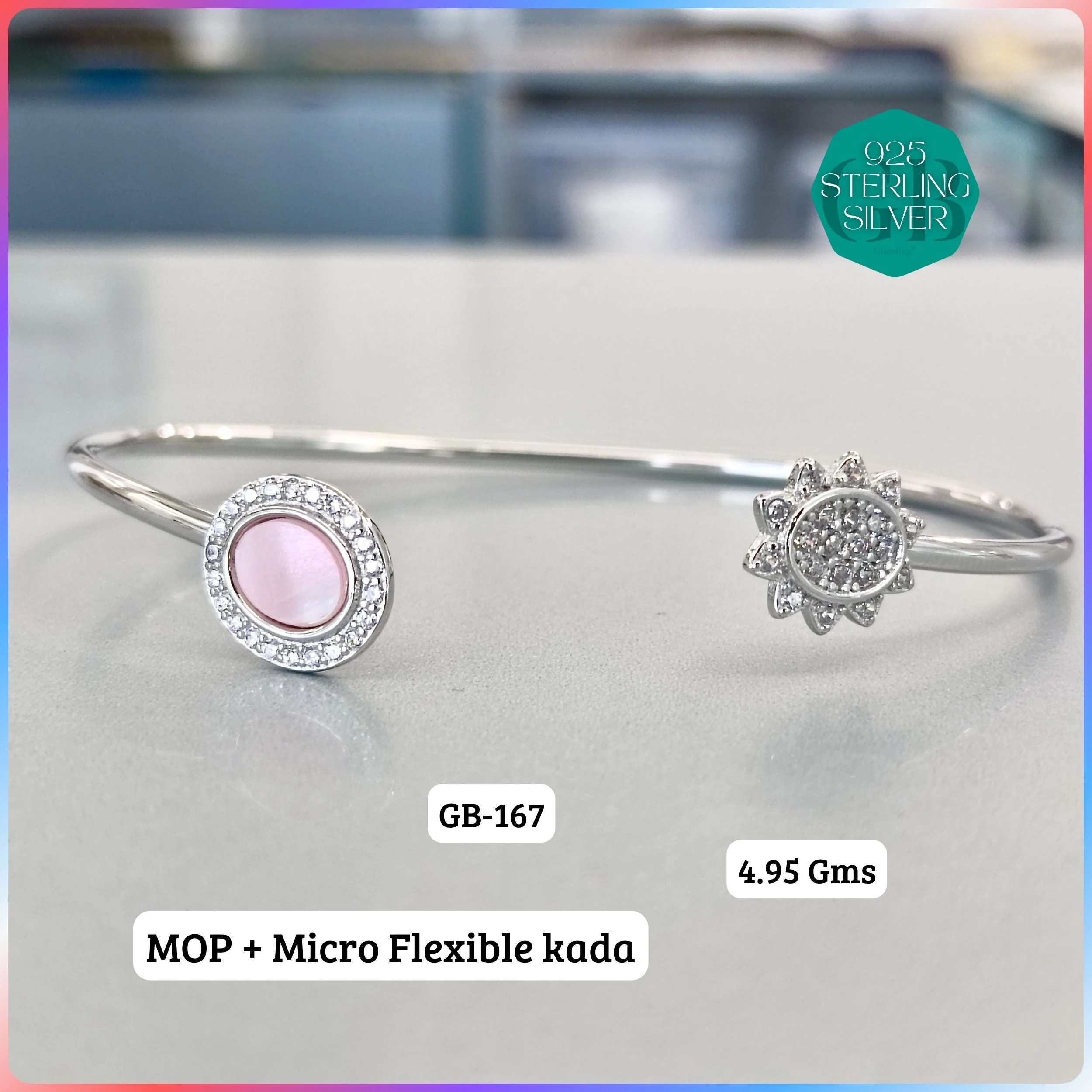 MOP + MICRO FLEXIBLE KADA - Premium 925 Silver Jewellery - SKU: GB-167-038 - Hyderabad Silver Importers