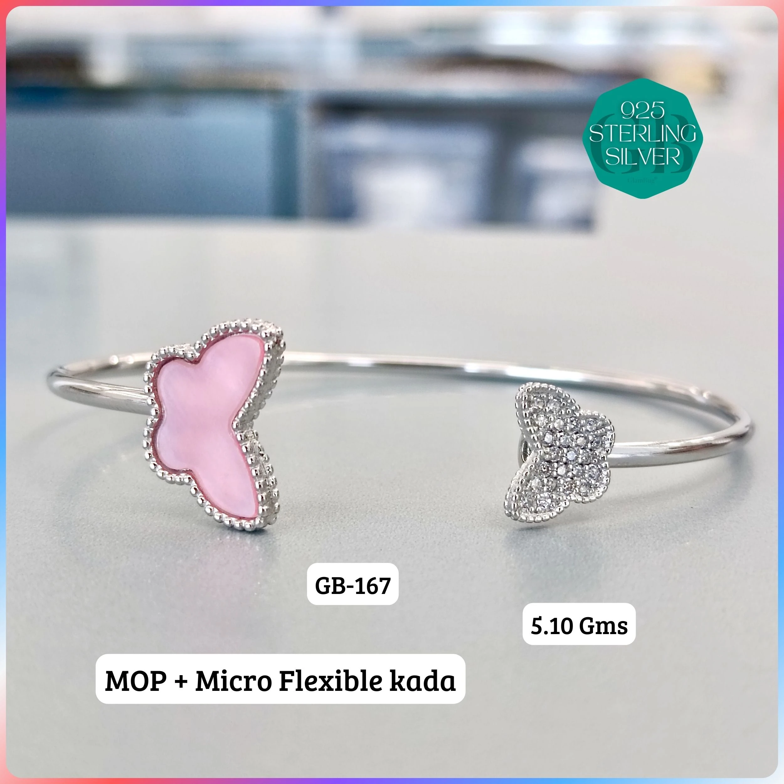 MOP + MICRO FLEXIBLE KADA - Premium 925 Silver Jewellery - SKU: GB-167-039 - Hyderabad Silver Importers