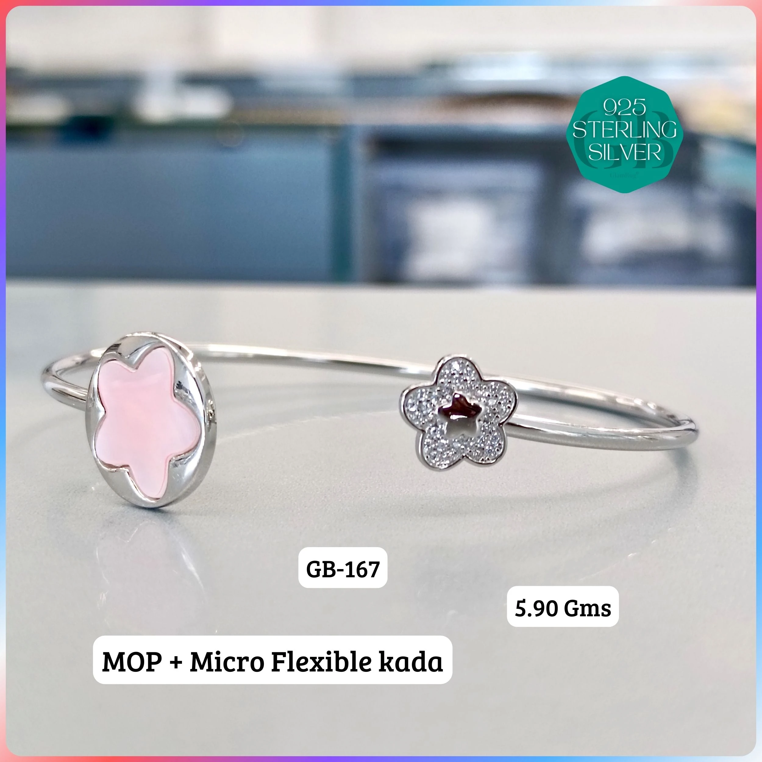 MOP + MICRO FLEXIBLE KADA - Premium 925 Silver Jewellery - SKU: GB-167-040 - Hyderabad Silver Importers