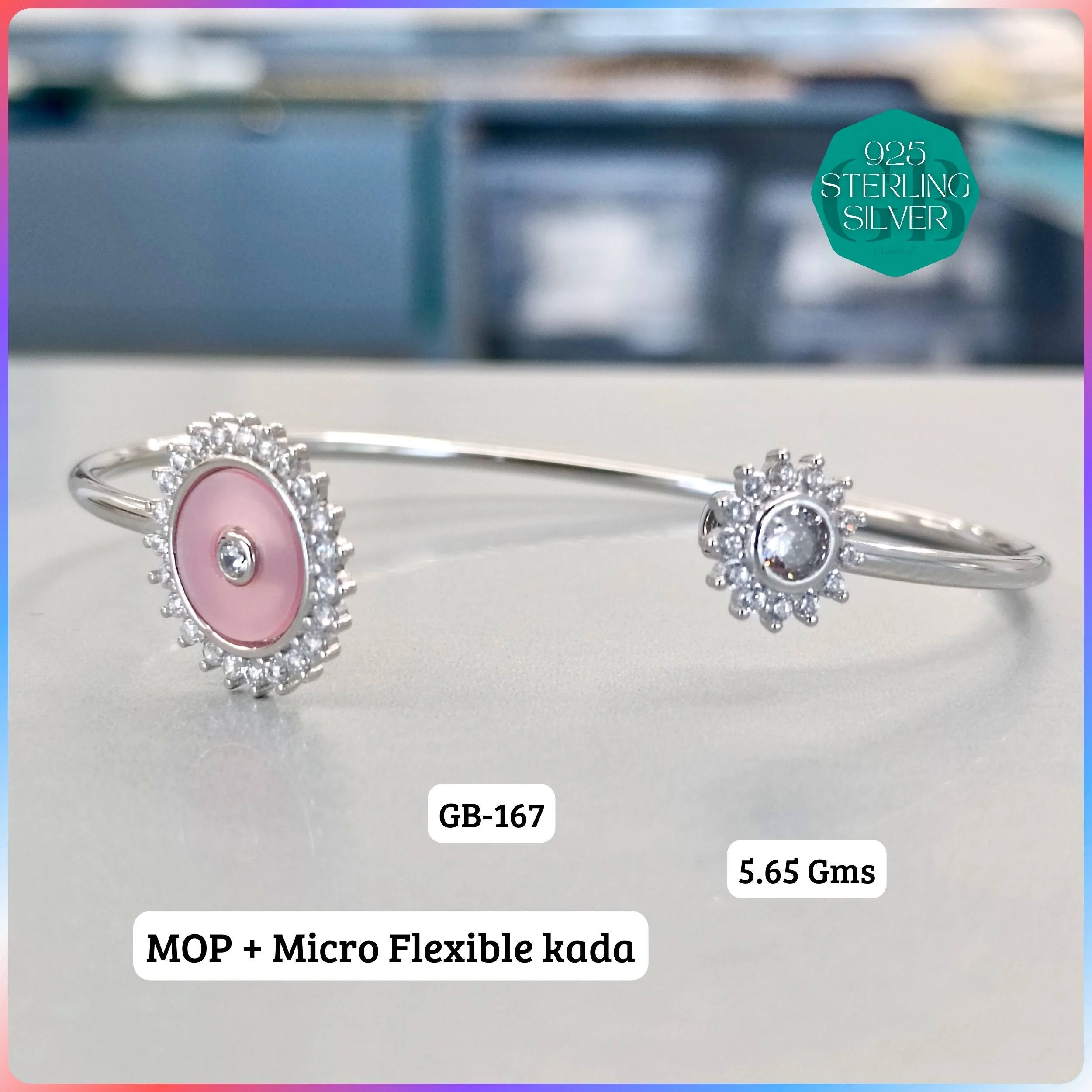 MOP + MICRO FLEXIBLE KADA - Premium 925 Silver Jewellery - SKU: GB-167-041 - Hyderabad Silver Importers
