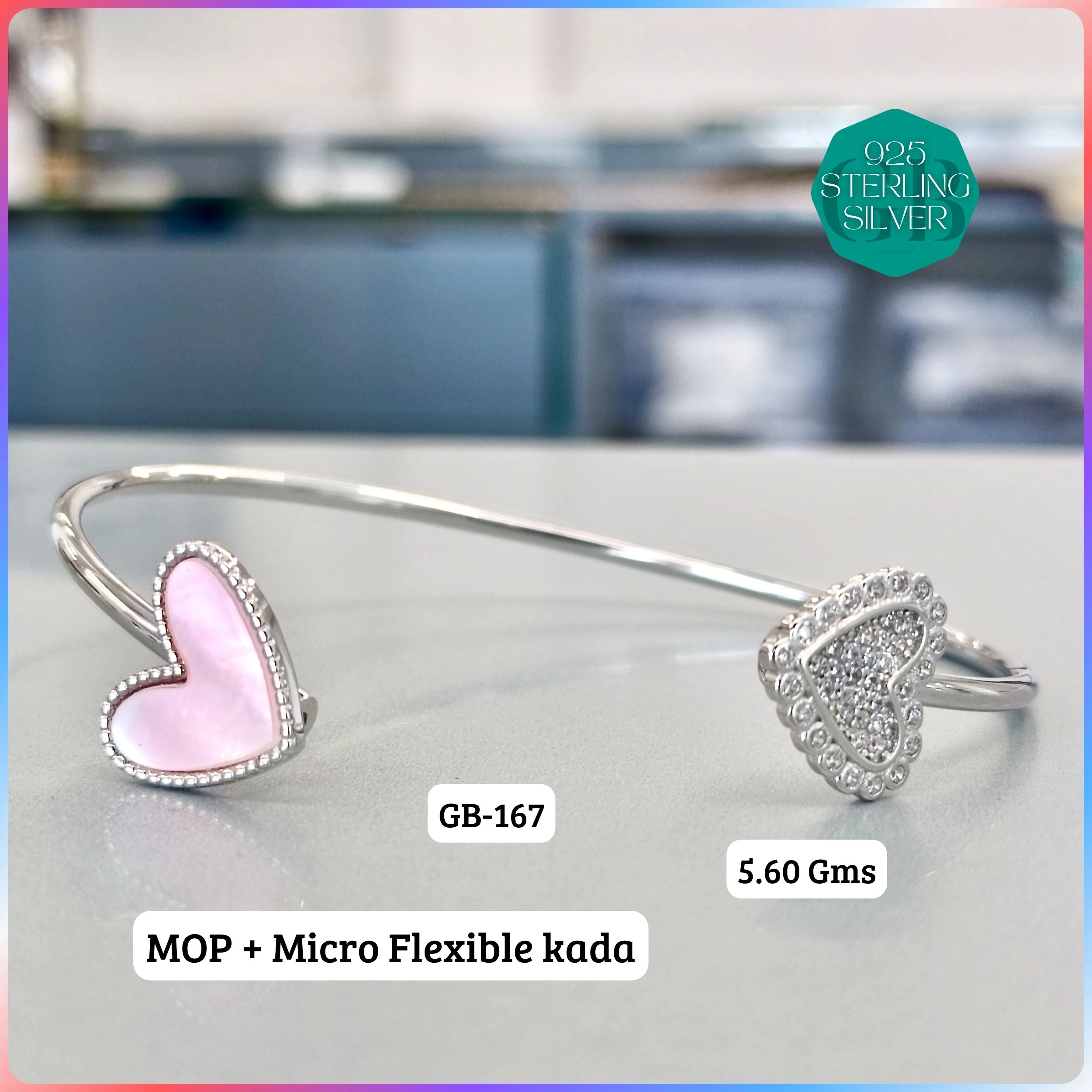 MOP + MICRO FLEXIBLE KADA - Premium 925 Silver Jewellery - SKU: GB-167-042 - Hyderabad Silver Importers