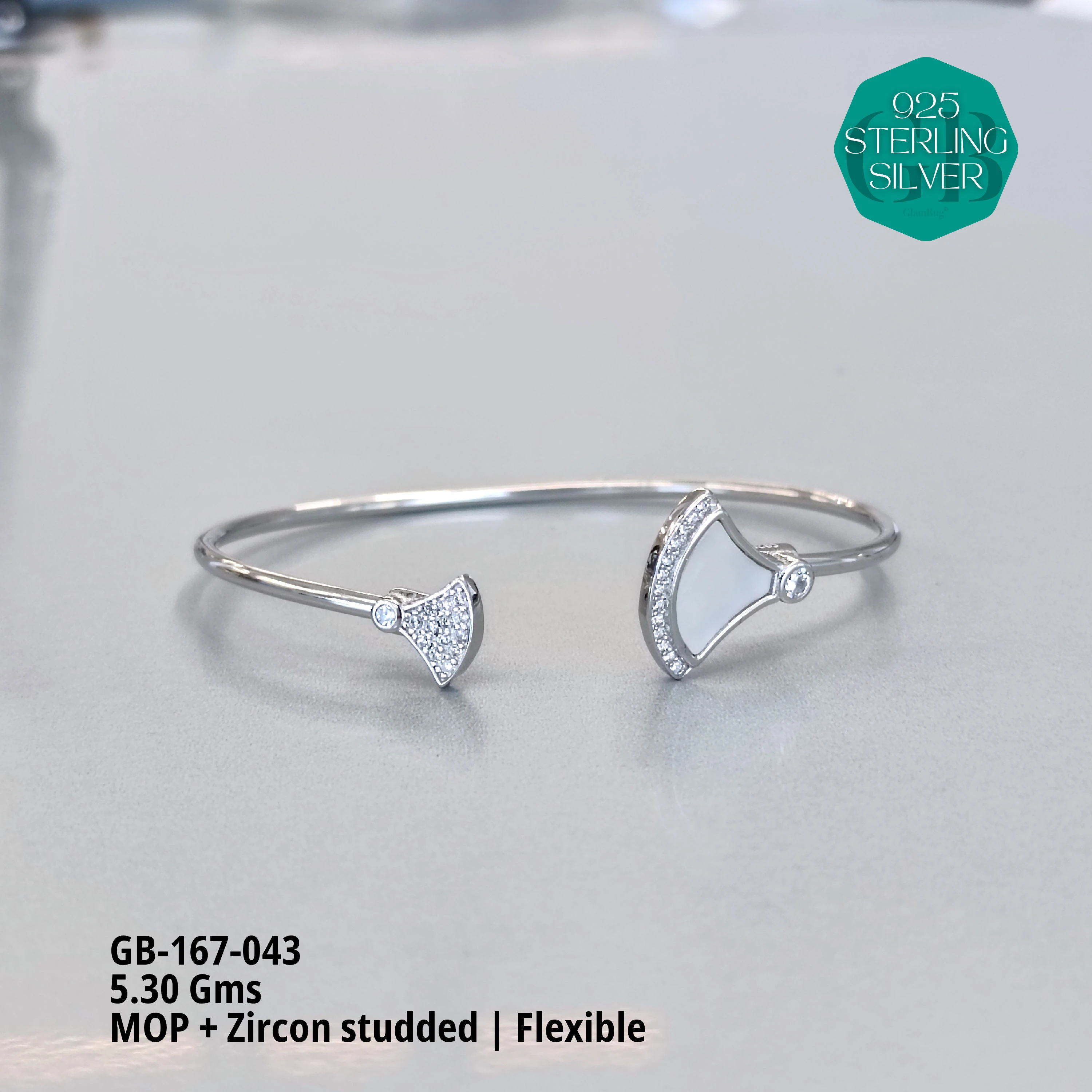 MOP + MICRO FLEXIBLE KADA - Premium 925 Silver Jewellery - SKU: GB-167-043 - Hyderabad Silver Importers