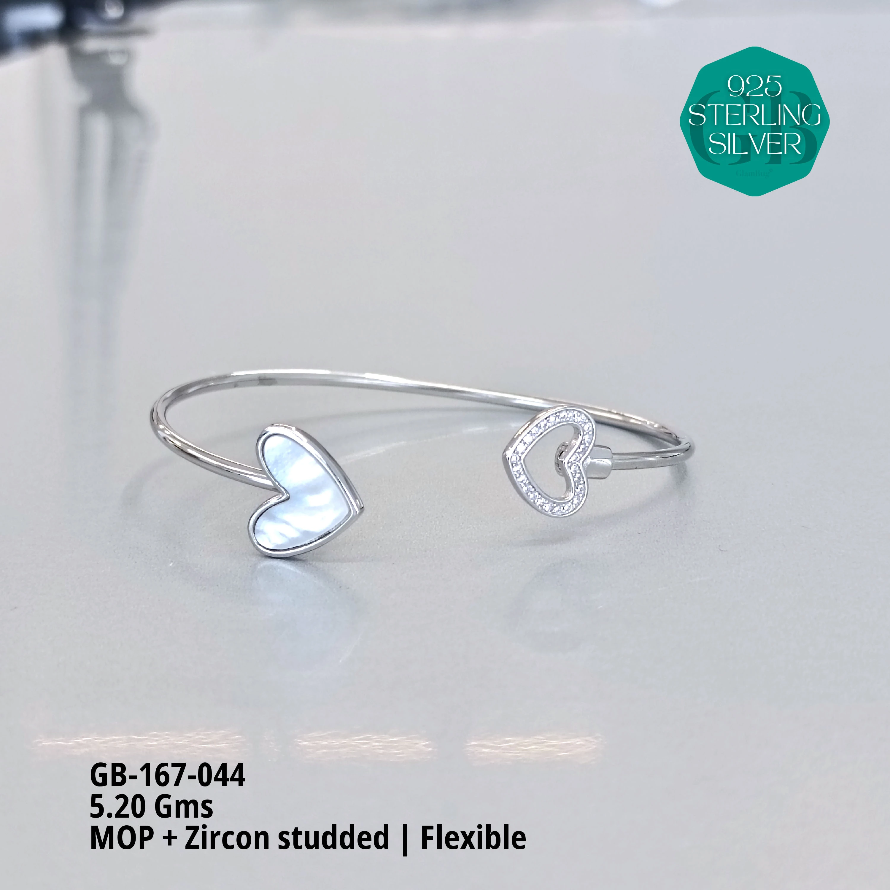 MOP + MICRO FLEXIBLE KADA - Premium 925 Silver Jewellery - SKU: GB-167-044 - Hyderabad Silver Importers