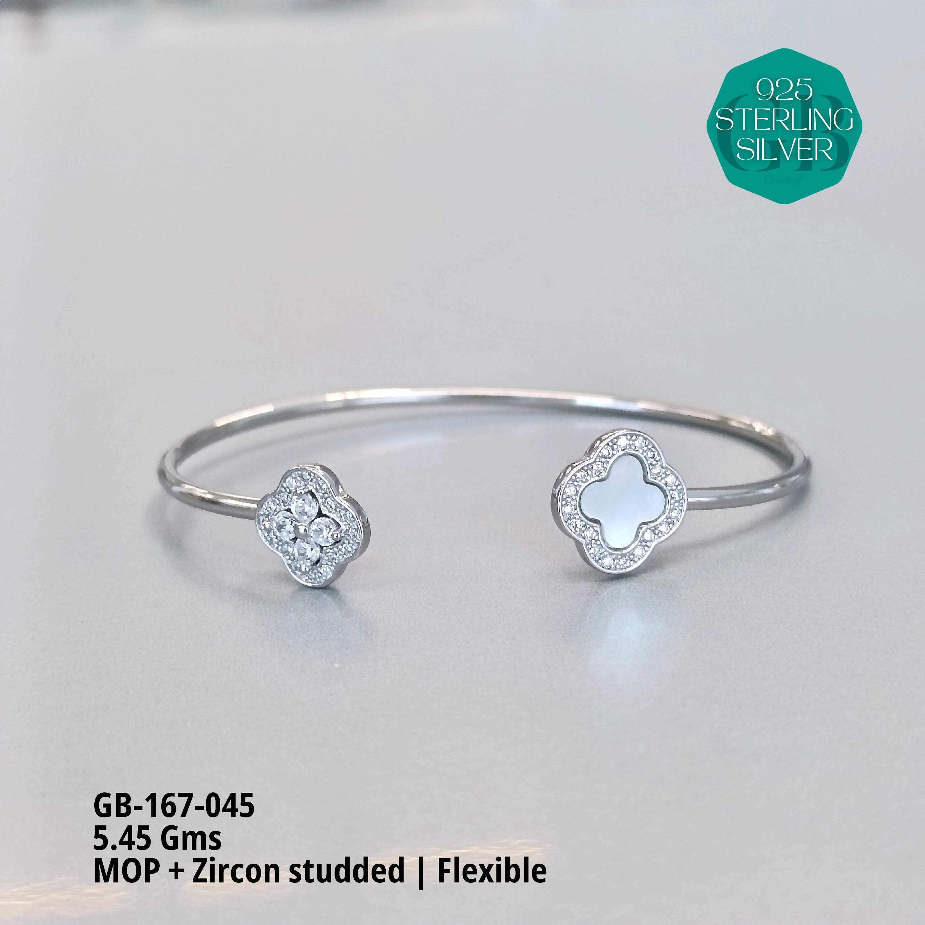 MOP + MICRO FLEXIBLE KADA - Premium 925 Silver Jewellery - SKU: GB-167-045 - Hyderabad Silver Importers