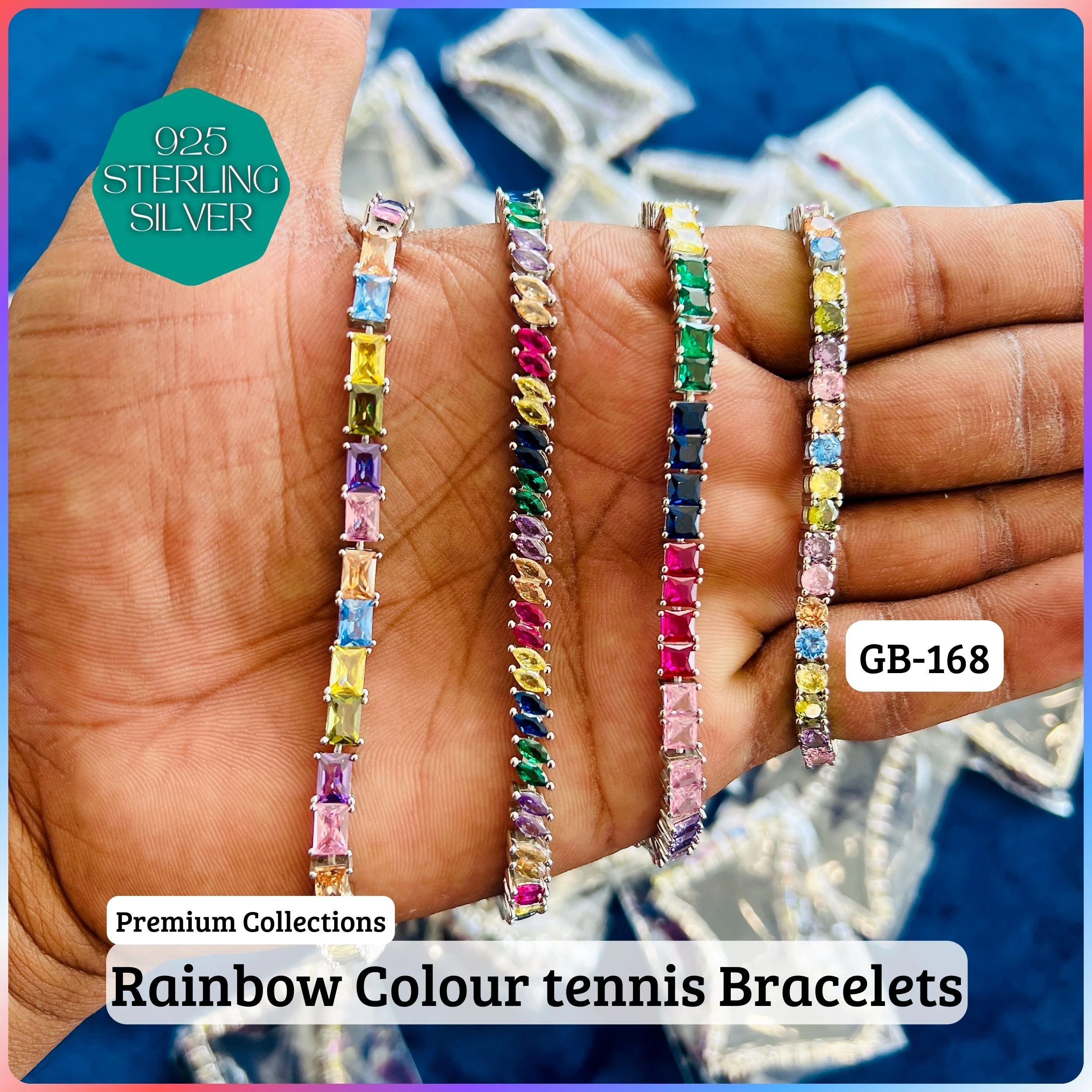 RAINBOW COLOUR TENNIS BRACELETS - Premium 925 Silver Jewellery - SKU: GB-168-000 - Hyderabad Silver Importers
