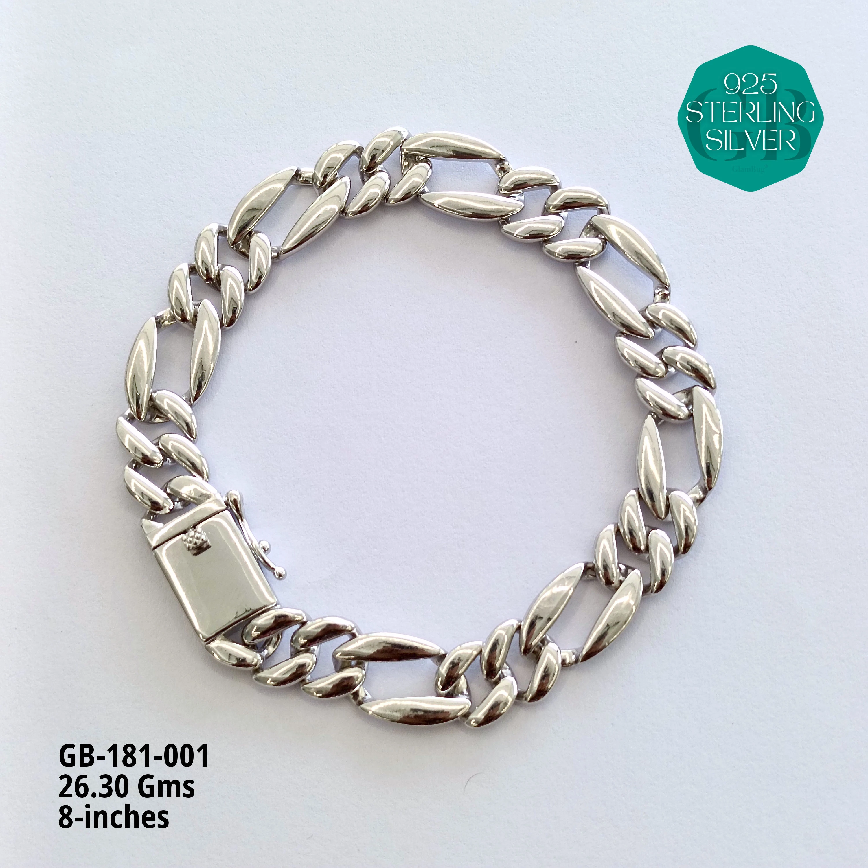 RHODIUM CUBAN BRACELETS - NON-STUDDED - Premium 925 Silver Jewellery - SKU: GB-181-001 - Hyderabad Silver Importers