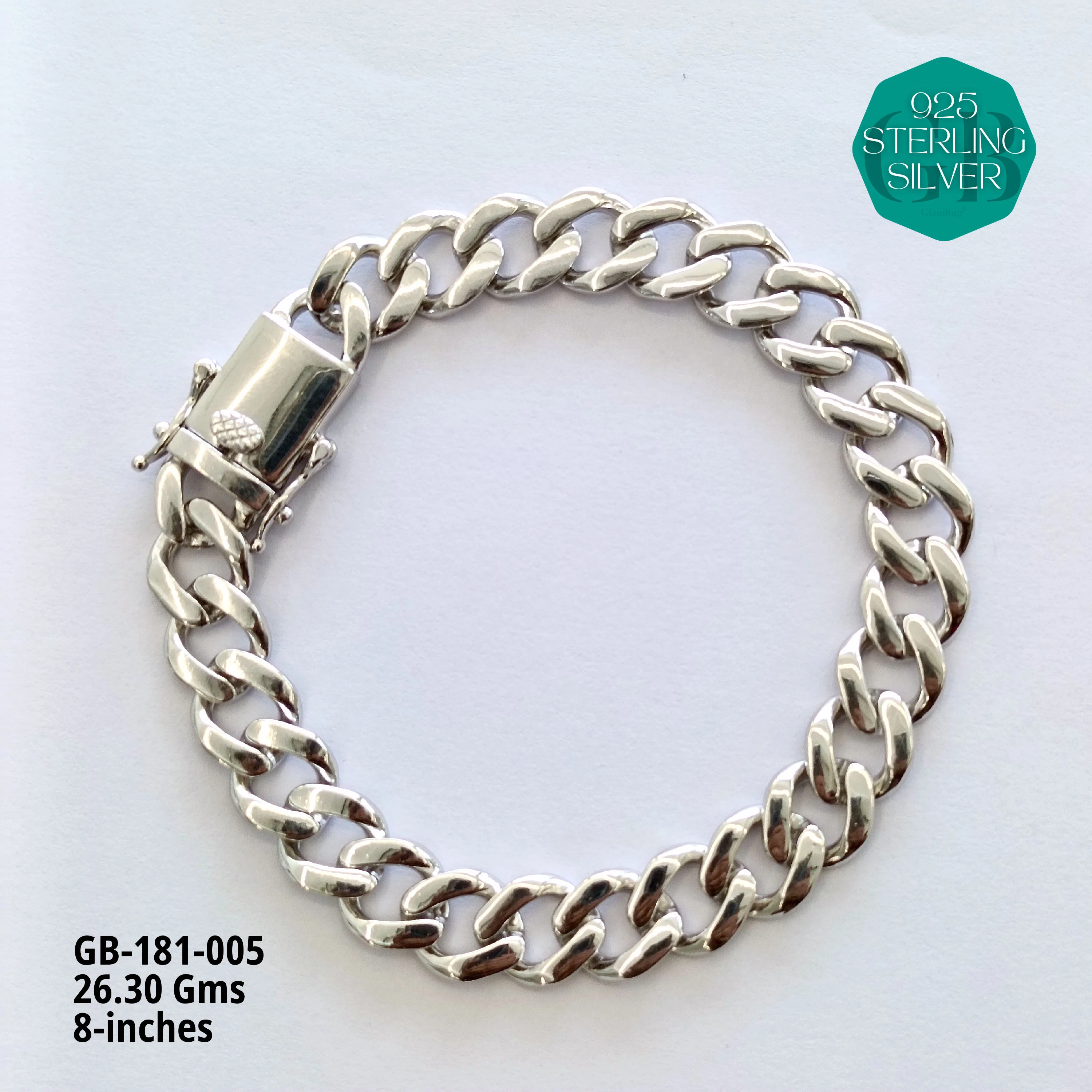 RHODIUM CUBAN BRACELETS - NON-STUDDED - Premium 925 Silver Jewellery - SKU: GB-181-005 - Hyderabad Silver Importers