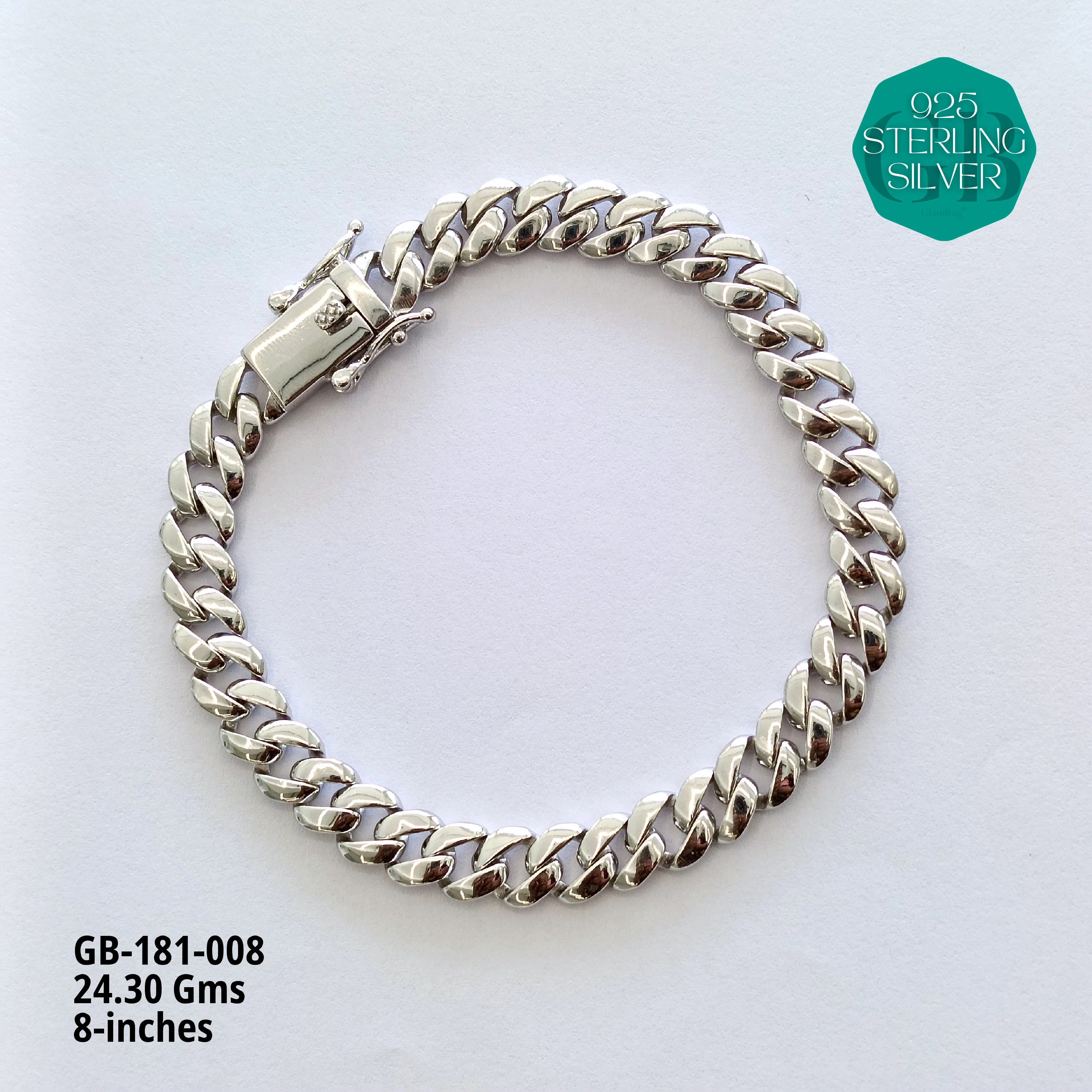 RHODIUM CUBAN BRACELETS - NON-STUDDED - Premium 925 Silver Jewellery - SKU: GB-181-008 - Hyderabad Silver Importers